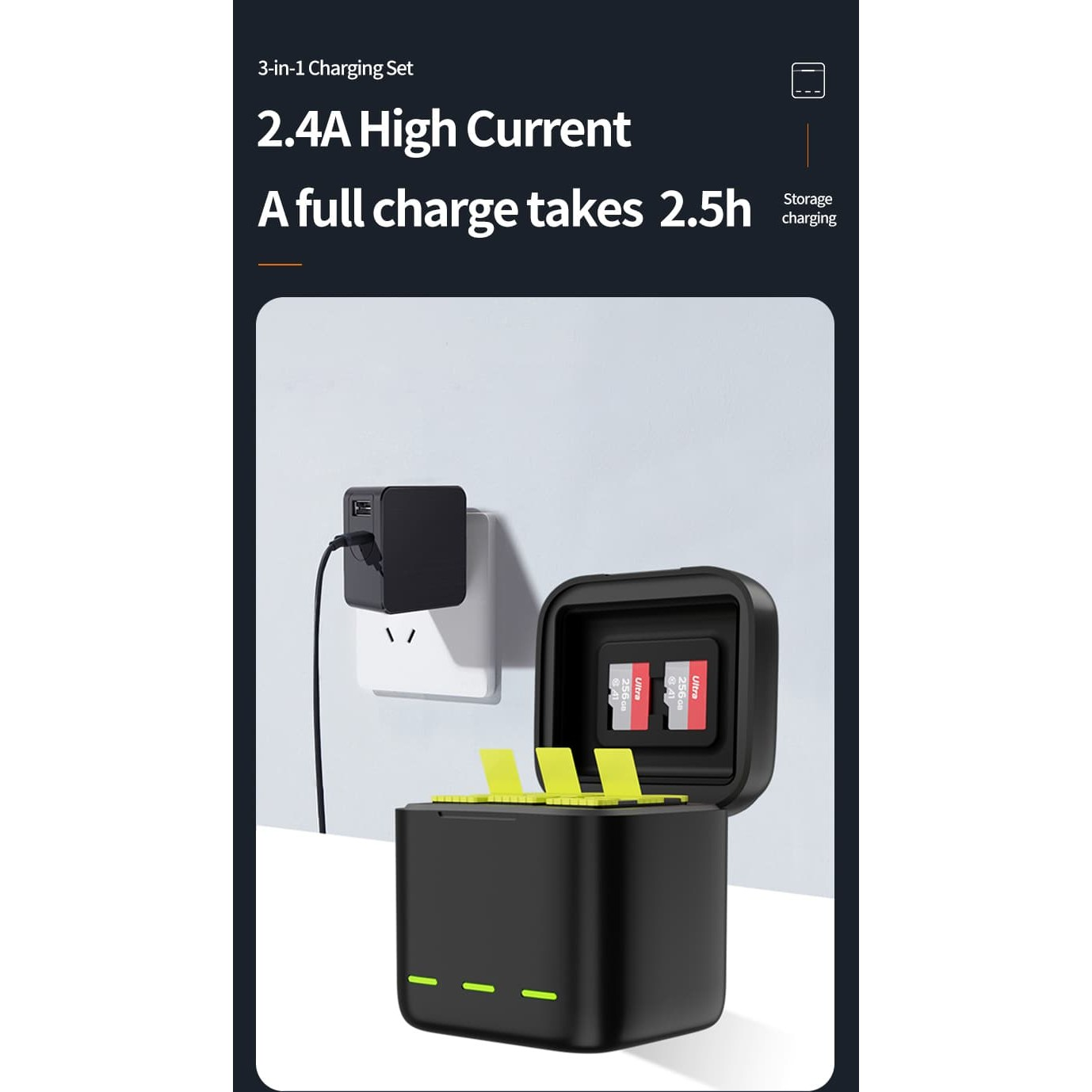 A black charger and an open storage box with microSD cards on a table, plugged into a wall socket.
