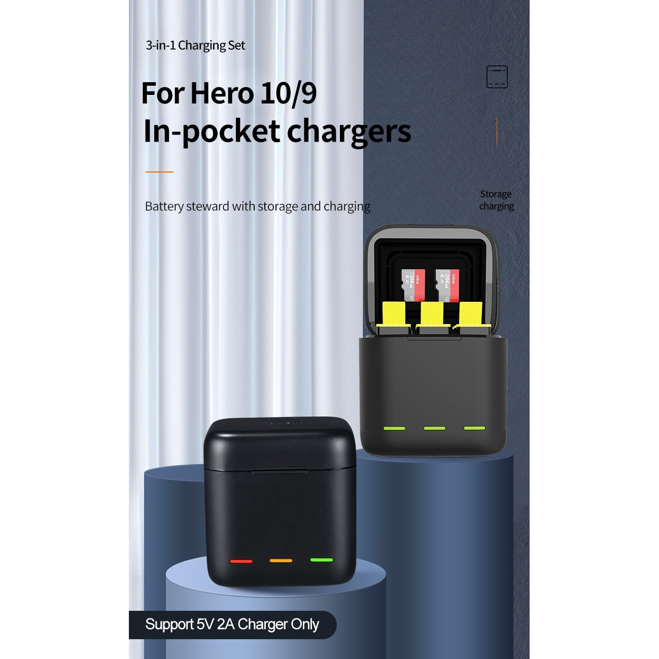 A black 3-in-1 charging set with storage for GoPro Hero 10/9 batteries and SD cards on a blue background.