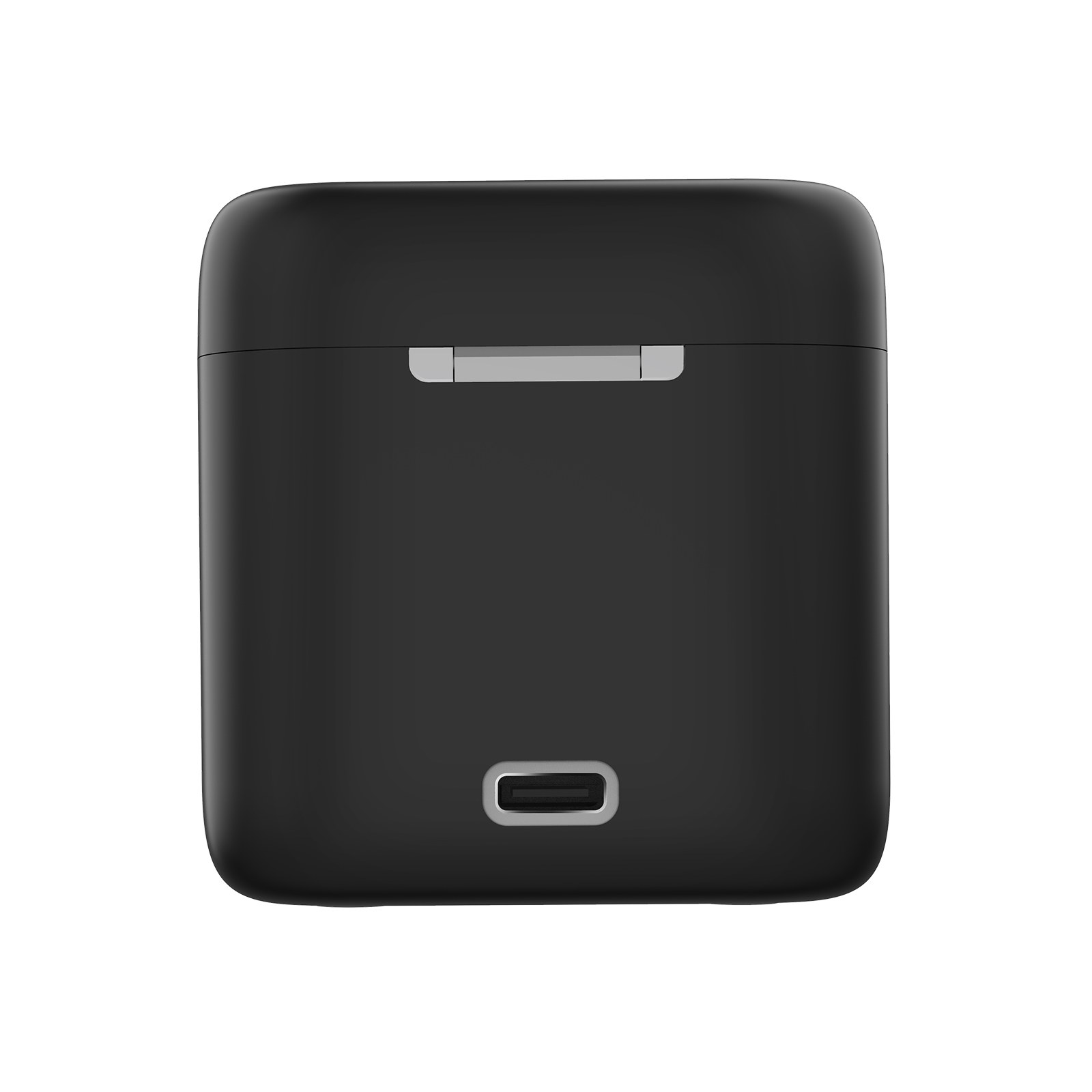 A closed, black charging case featuring a USB-C port at the bottom and a hinge on top.