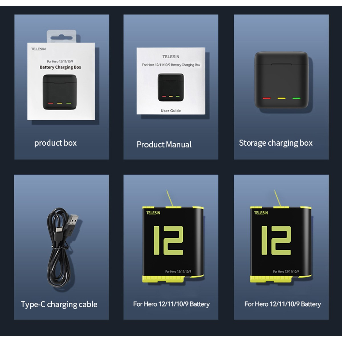 Six images show GoPro accessories: product box, manual, charging box, Type-C cable, and two batteries.