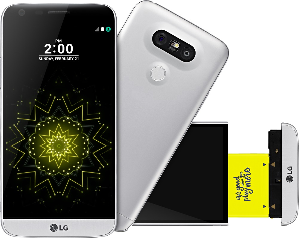 Smartphone LG argentato con vista frontale, posteriore e batteria gialla estraibile.