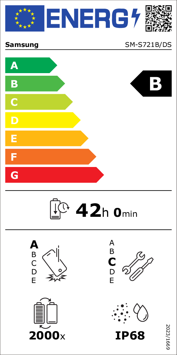 Etykieta energetyczna B smartfona Samsung z ikonami baterii, odporności na upadki, naprawy i IP68.