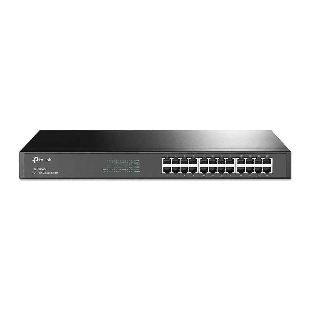 Czarny 24-portowy przełącznik gigabitowy TP-Link na białym tle.