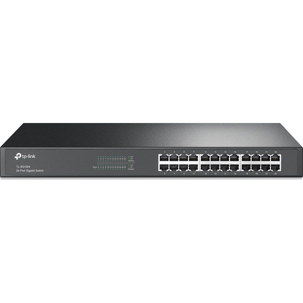 Czarny 24-portowy przełącznik sieciowy gigabit TP-Link widoczny od przodu na białym tle.