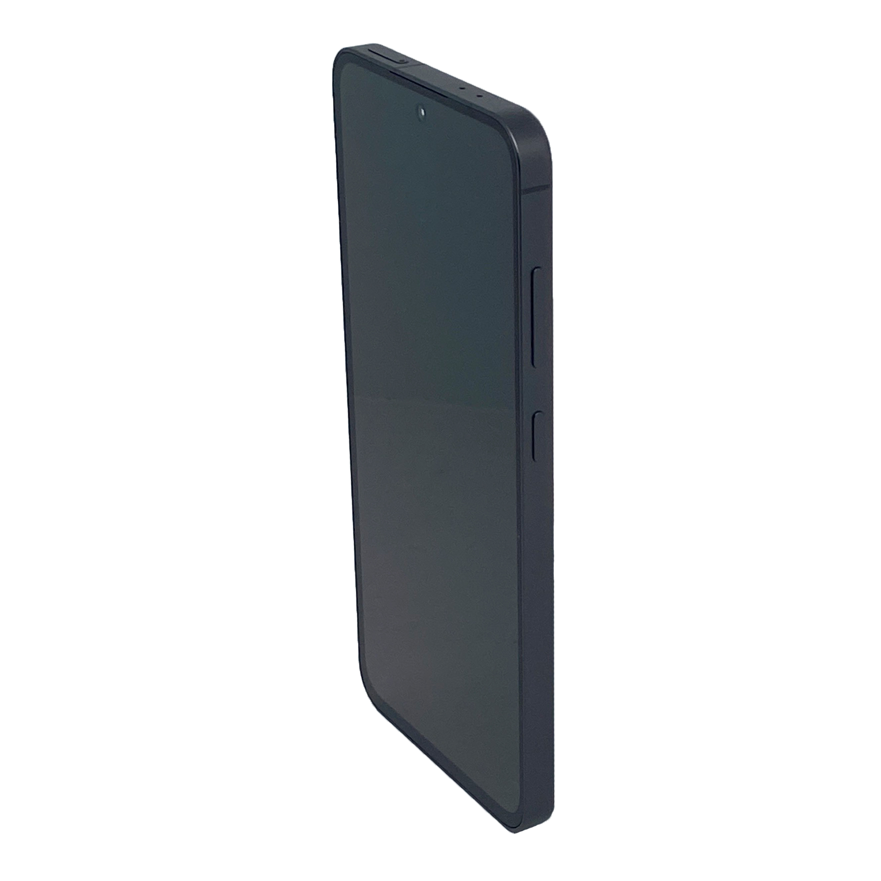 Czarny smartfon z zaokrąglonymi rogami i przyciskami bocznymi na białym tle.