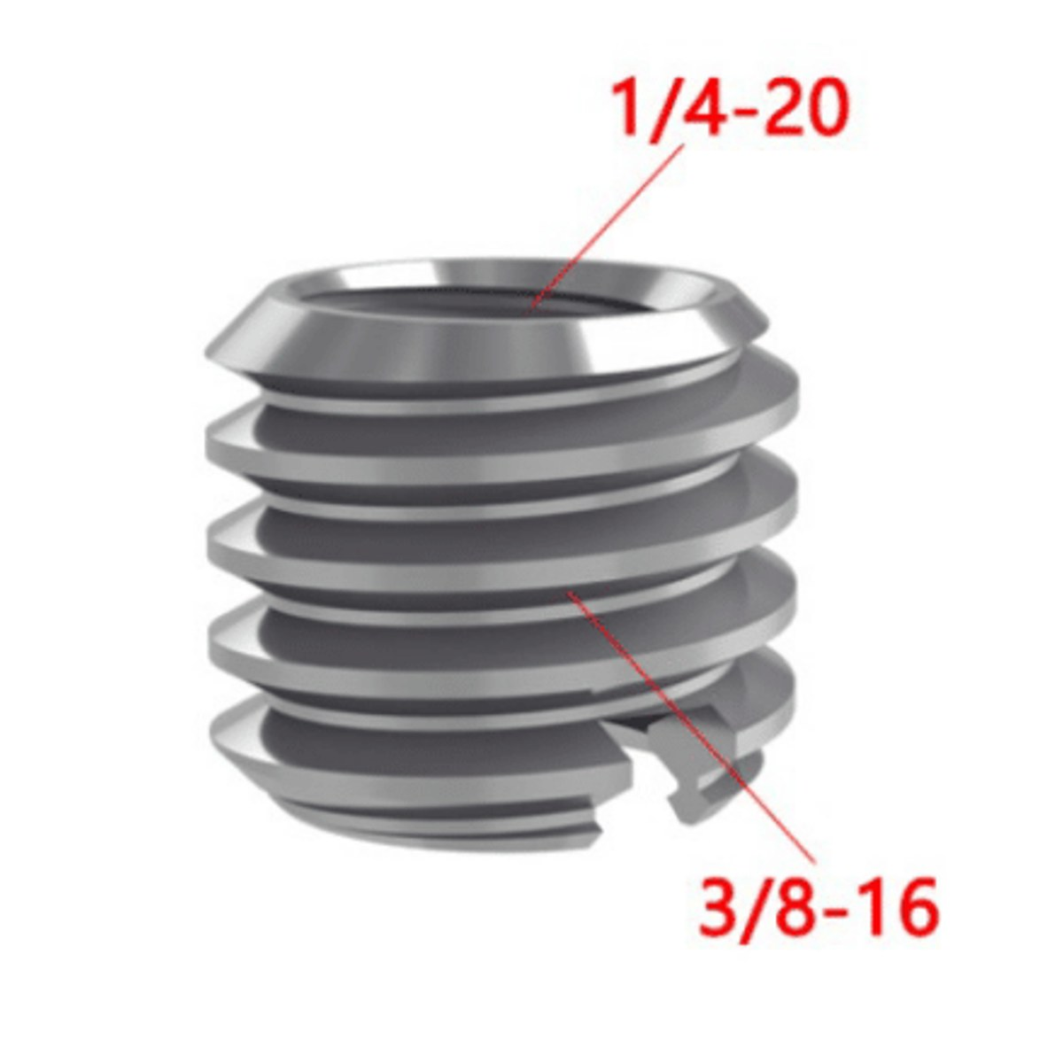 Metalen schroefdraadinsert met 1/4-20 interne en 3/8-16 externe schroefdraad.