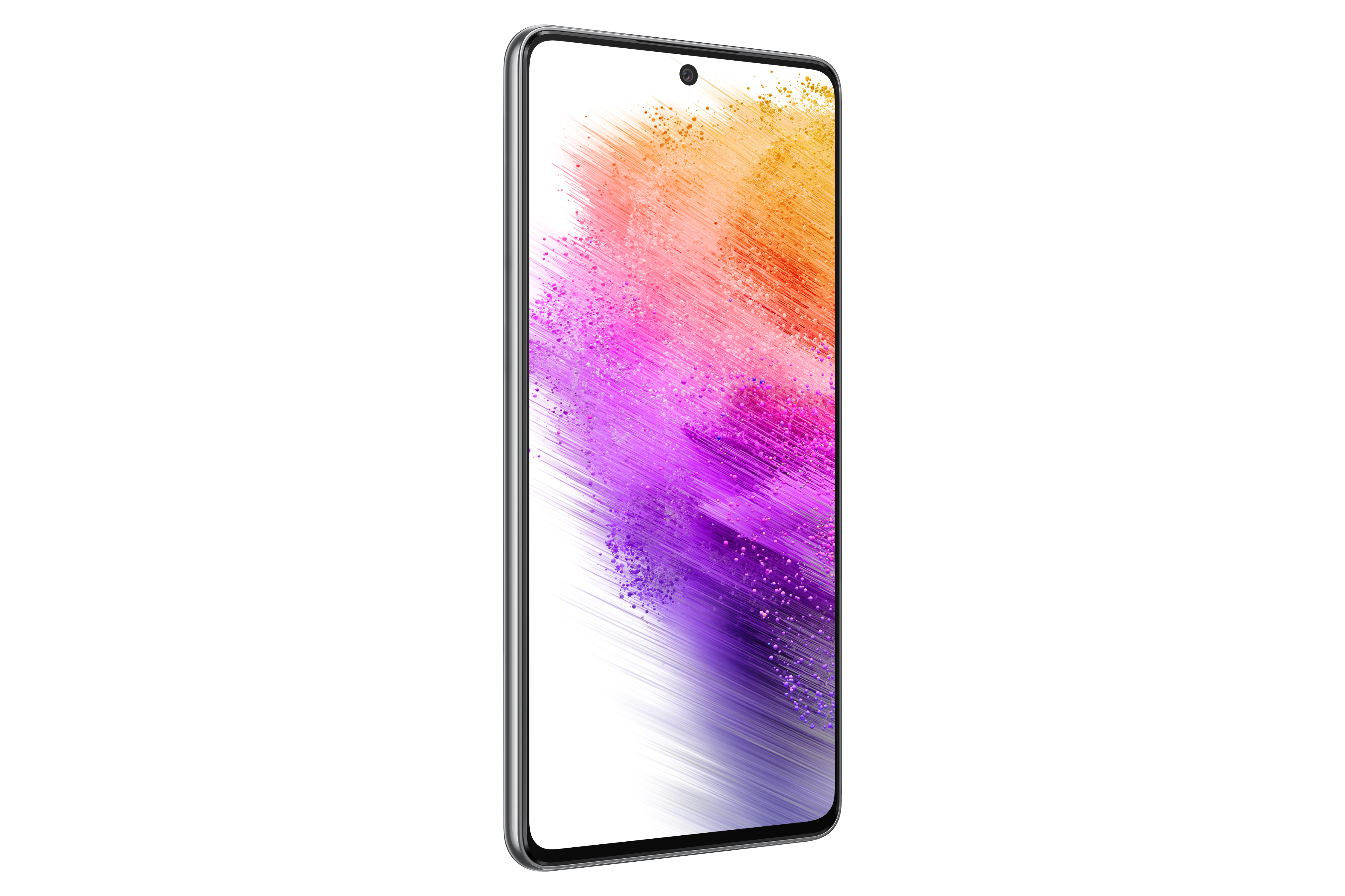 İnce çerçeveli bir akıllı telefon, ekranda renkli, soyut bir renk geçişi gösterir.