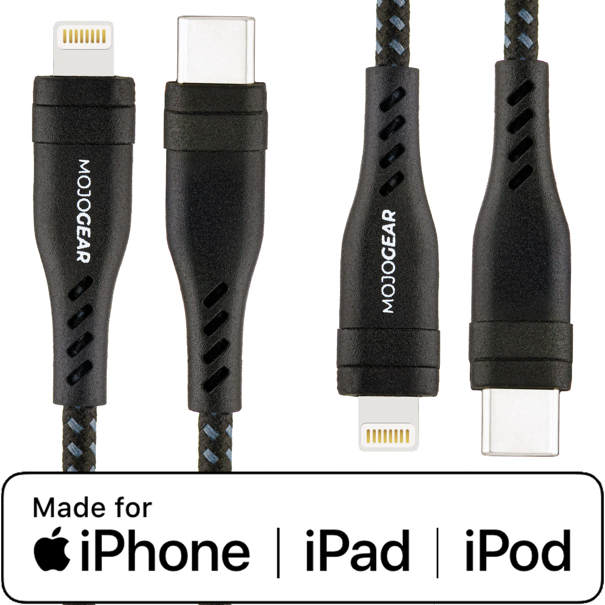 MojoGear charging cables with Lightning and USB-C connectors, compatible with iPhone, iPad, and iPod.
