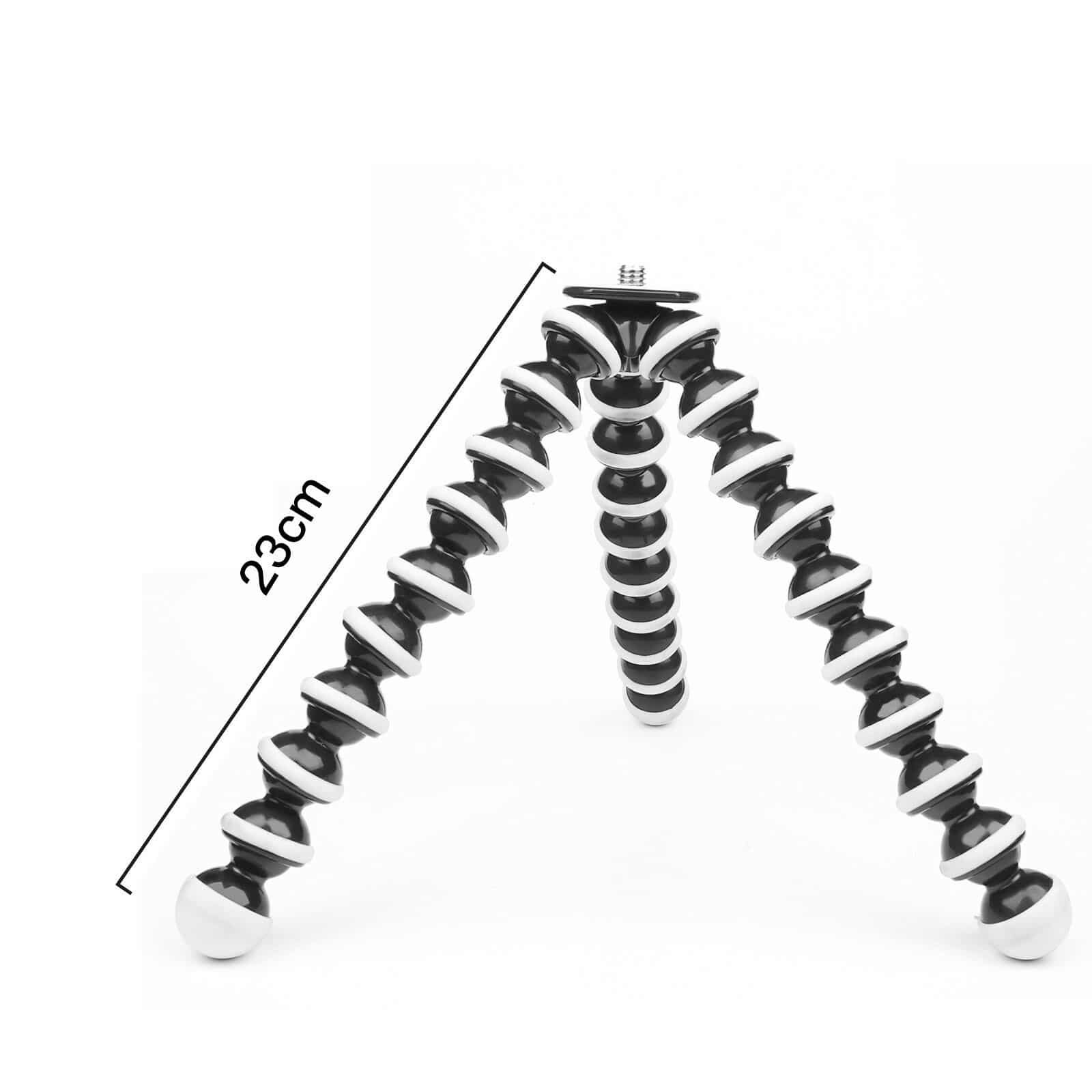 A flexible black and white tripod, 23 cm in height, displayed against a white background.