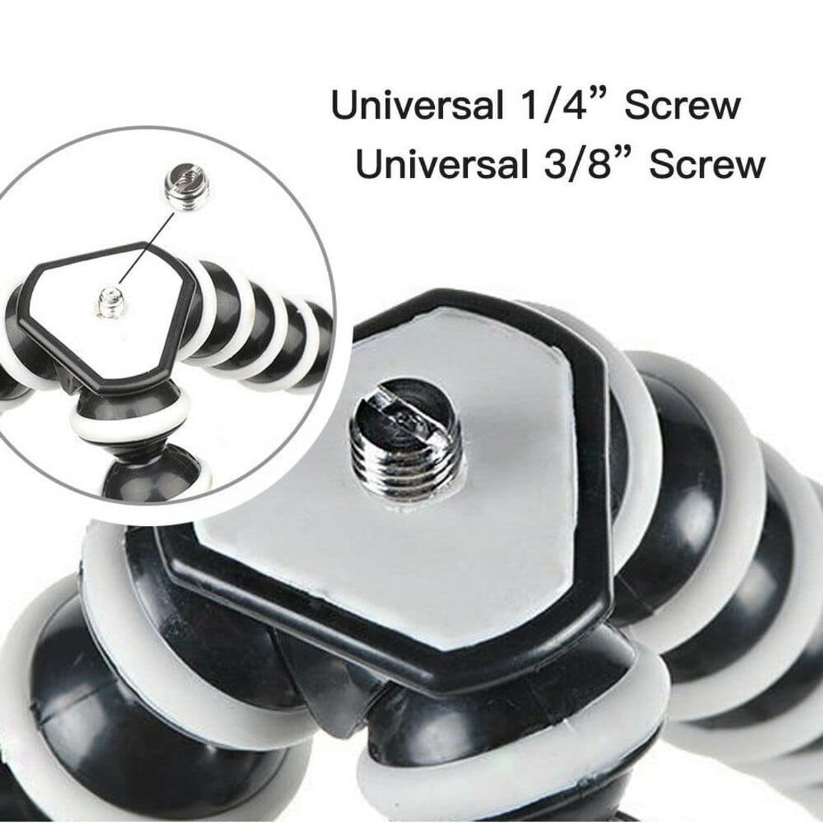 Close-up of a flexible tripod head plate featuring universal 1/4 and 3/8 inch screws.