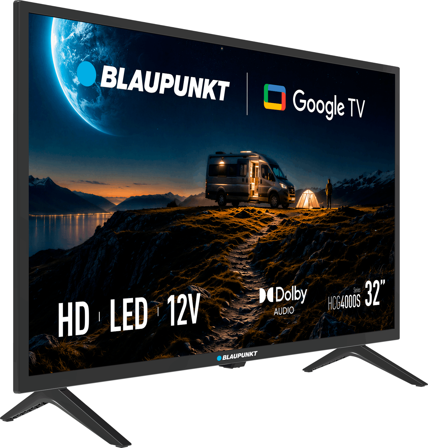 Telewizor Blaupunkt 32 cali HD LED 12V Google TV z obrazem kampera.