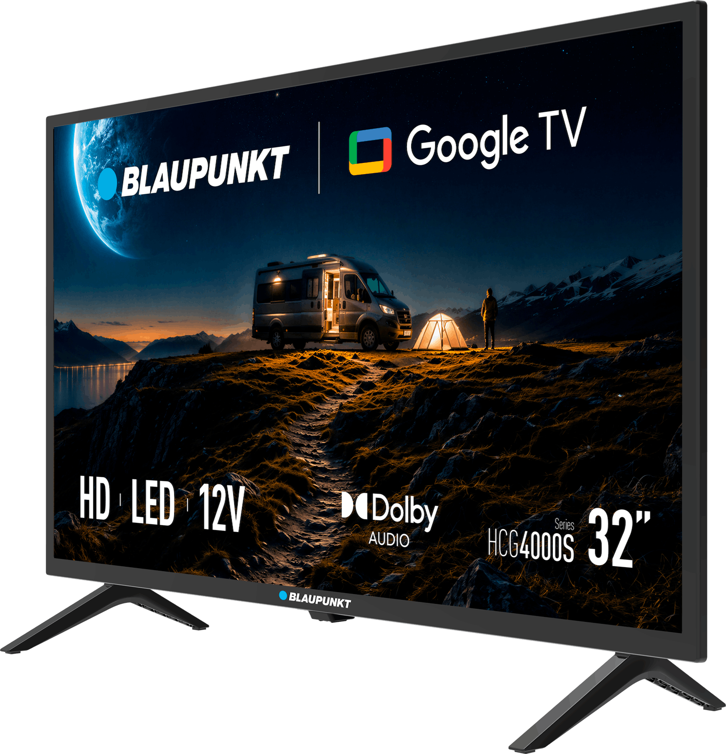 32-calowy telewizor Google TV marki Blaupunkt z wyświetlaczem kampera i HD LED.
