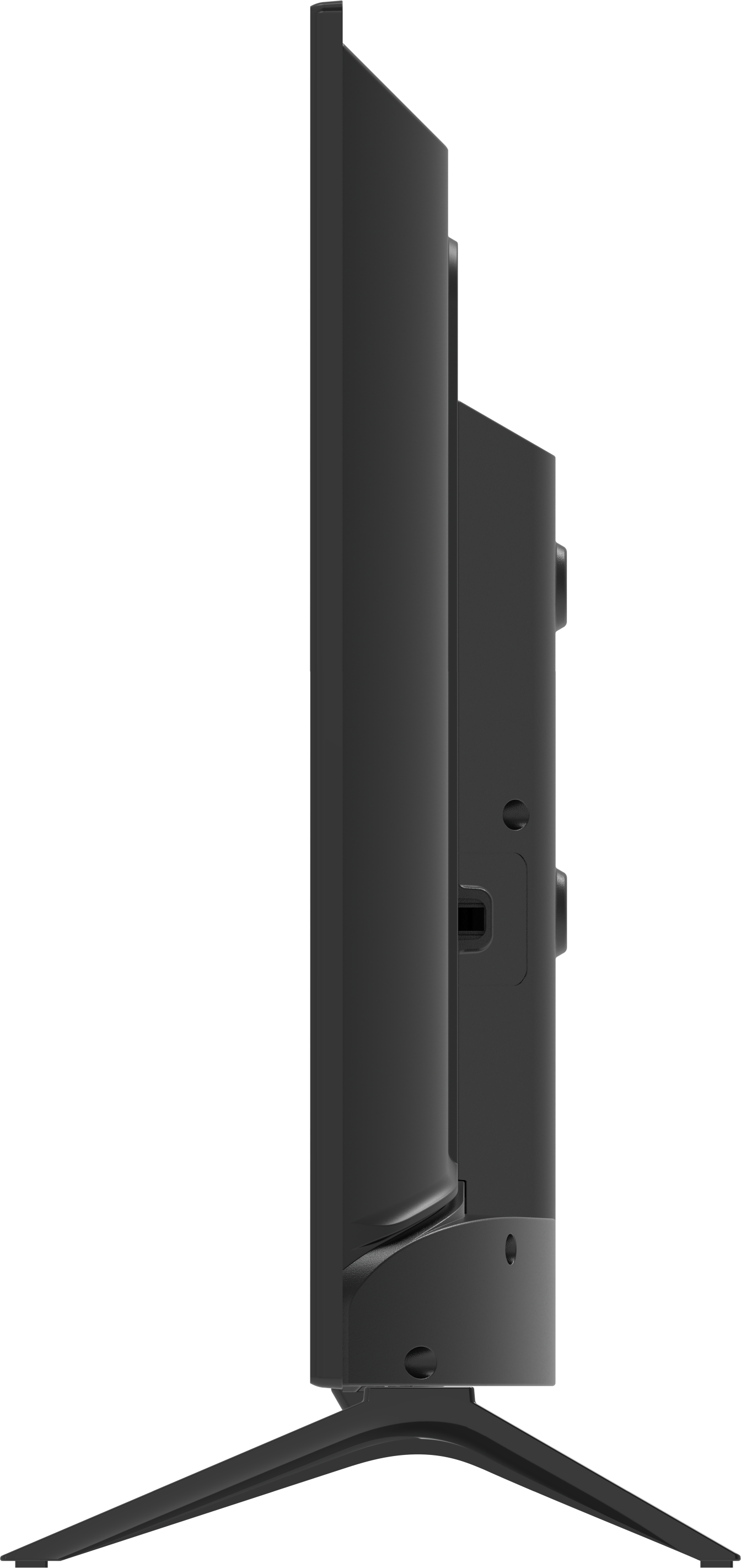 Widok z boku smukłego czarnego telewizora z cienką ramką i podstawą na czarnym tle.