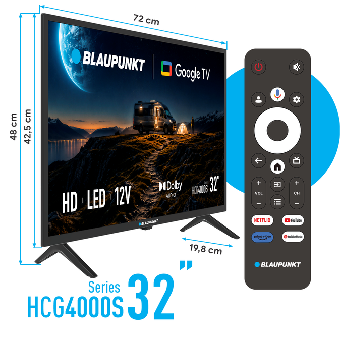 32-calowy Google TV Blaupunkt z wymiarami, pilotem i ekranem krajobrazowym.