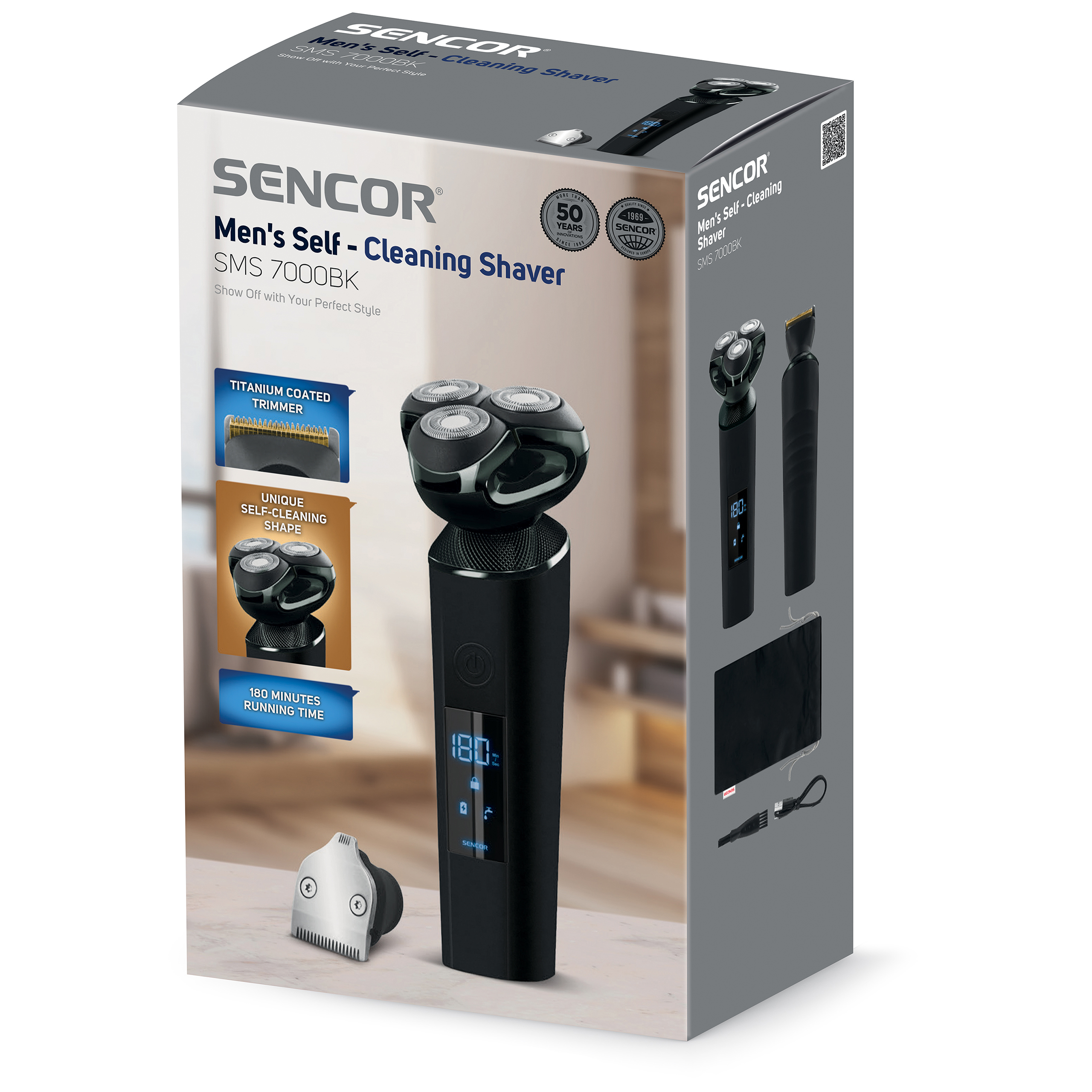 Pudełko produktu Sencor Men's Self-Cleaning Shaver SMS 7000BK przedstawiające maszynkę i funkcje.