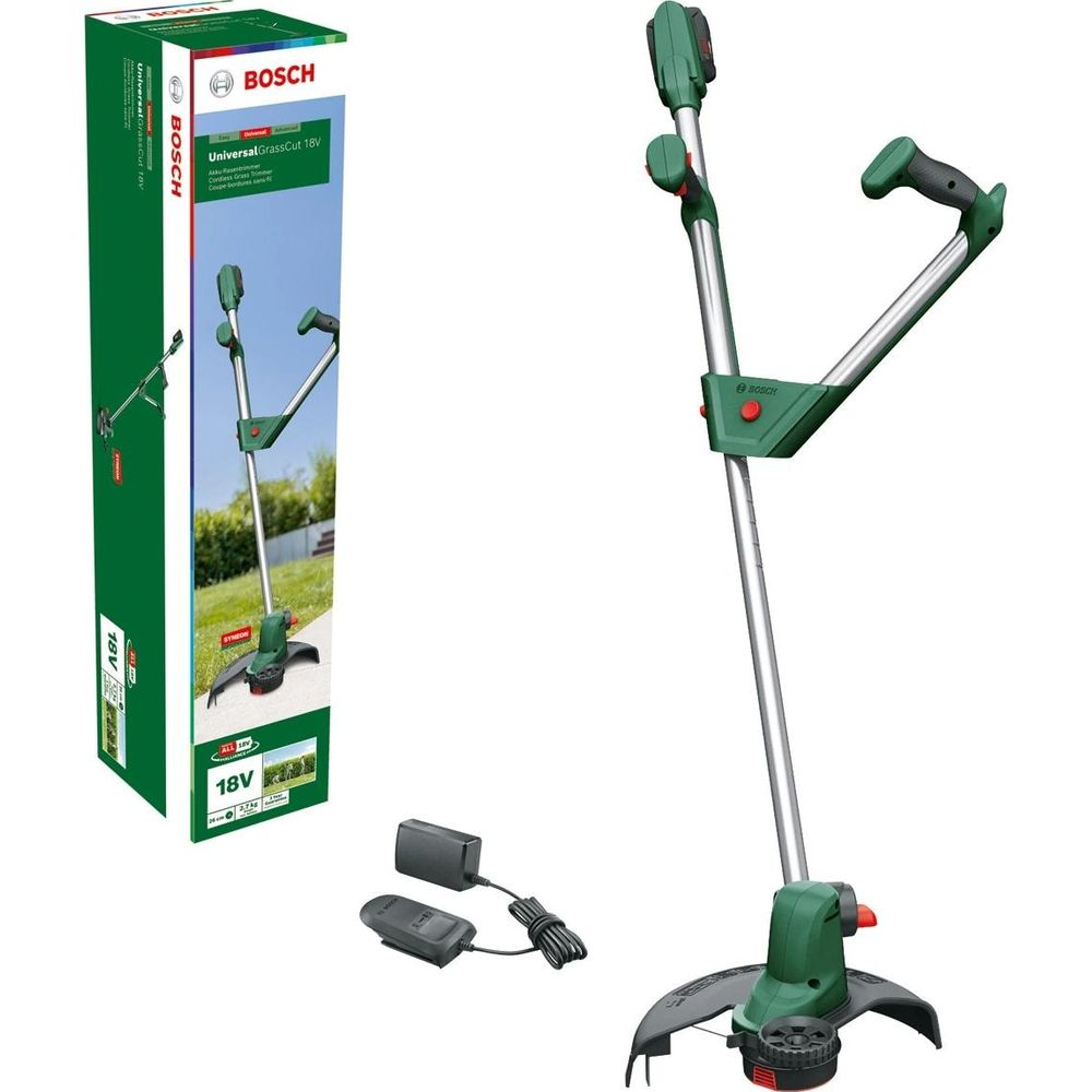 Bosch Akku-Rasentrimmer mit Akku, Ladegerät und Markenverpackung auf weißem Hintergrund.