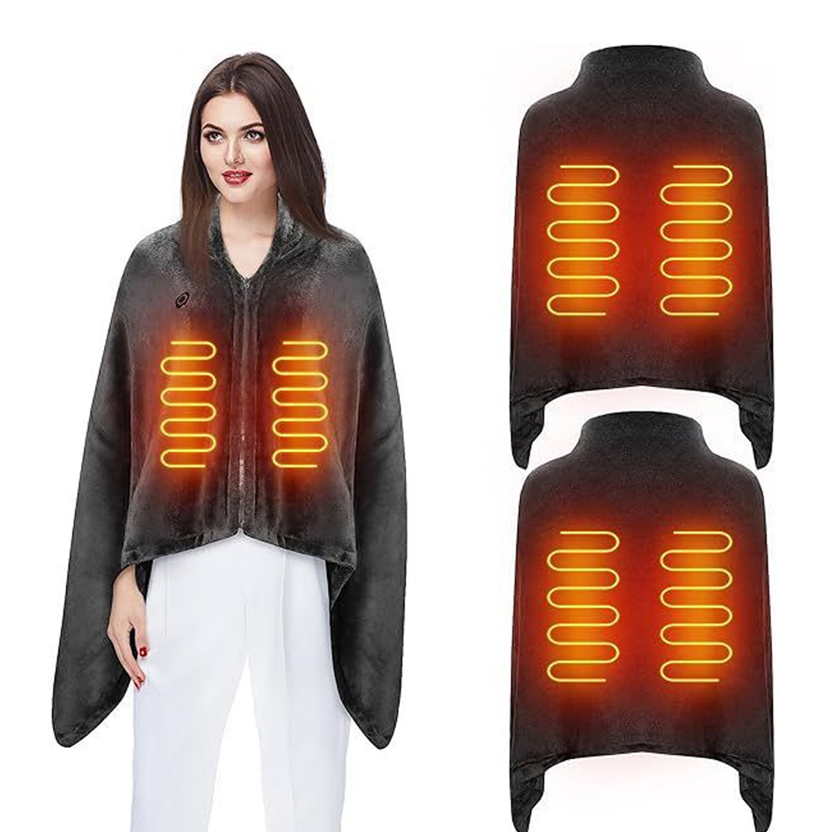 Eine Frau trägt einen beheizten grauen Fleecemantel mit leuchtend orangen Heizelementen, von vorne und hinten gezeigt.