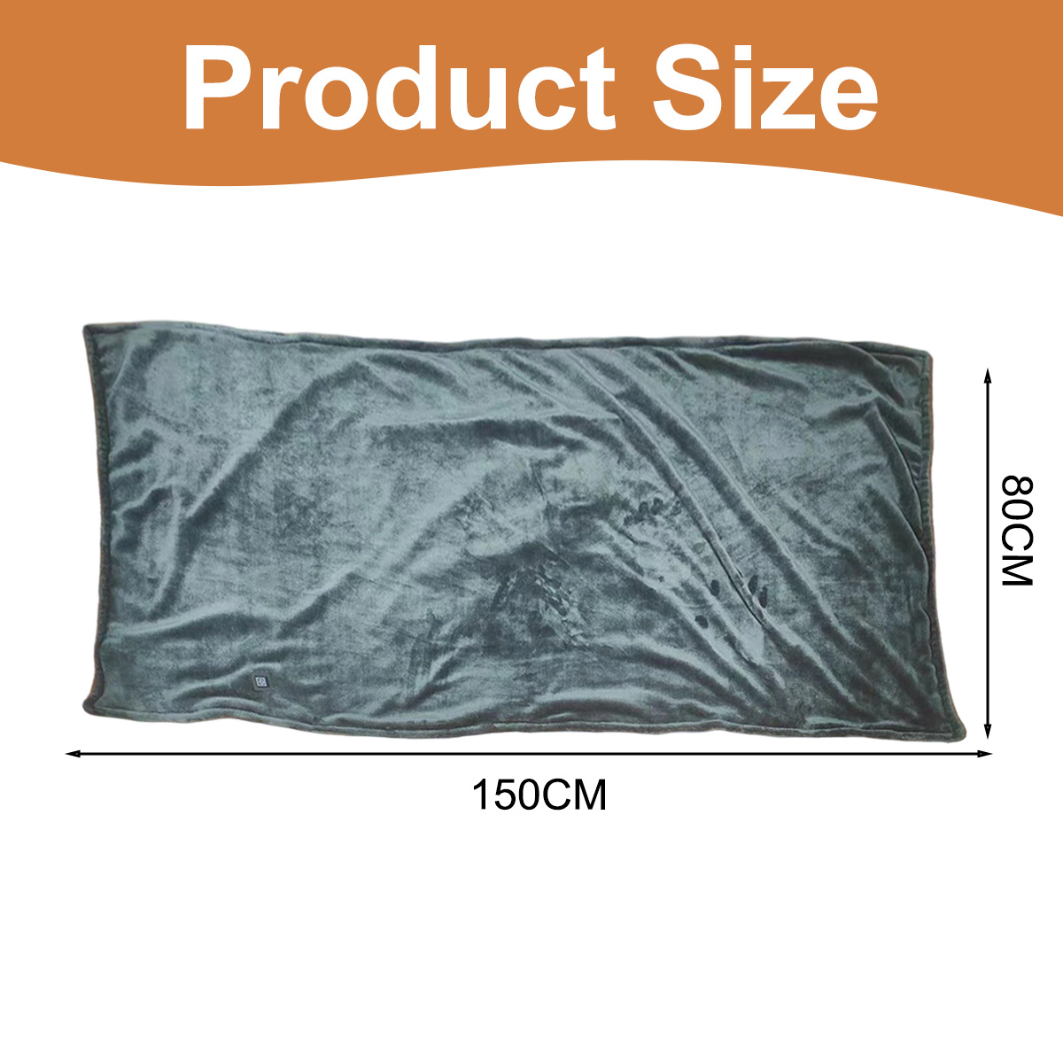 Graue Heizdecke mit den Maßen 150x80 cm auf weißem Hintergrund mit den Worten Produktgröße.