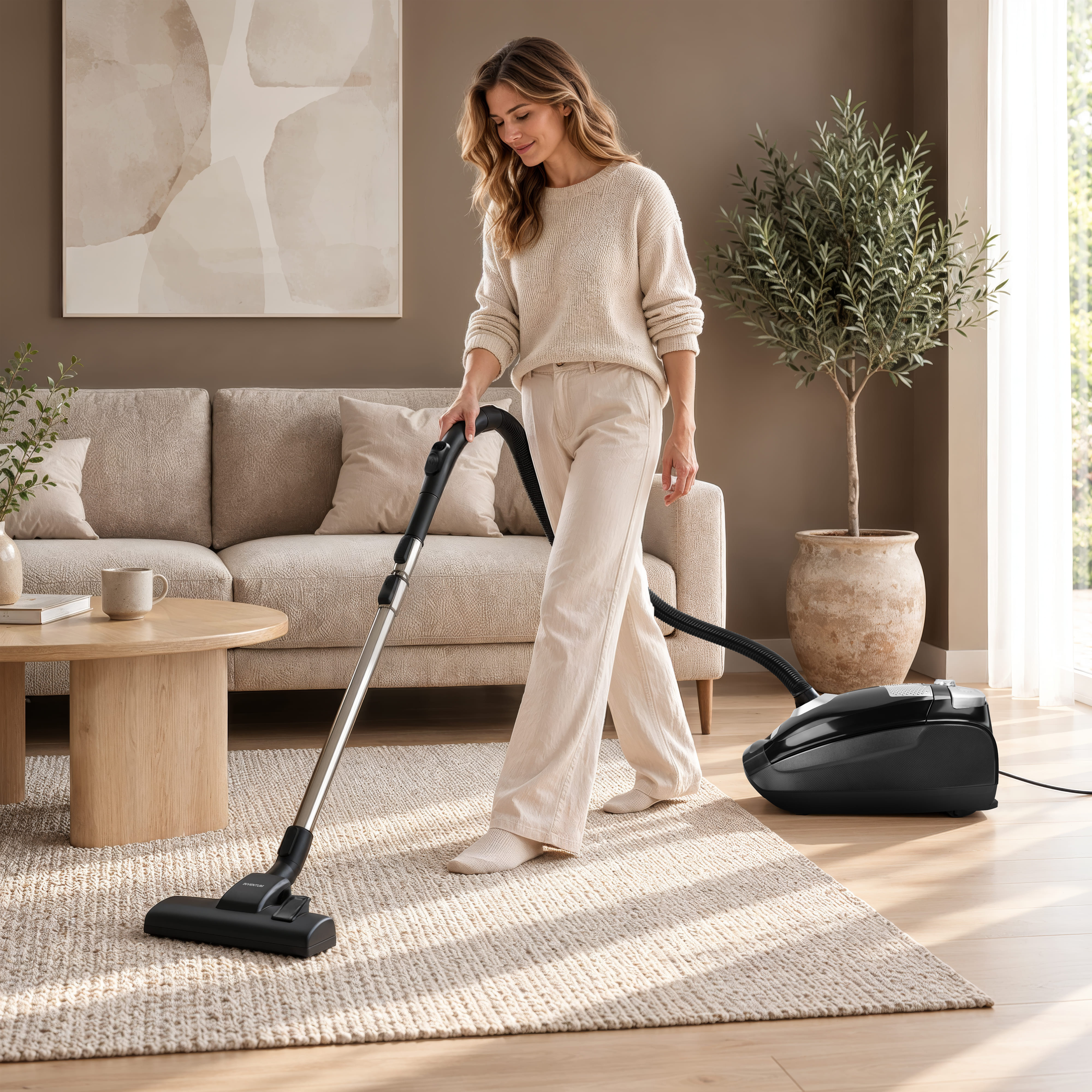 A blonde woman in light clothing vacuums the rug in a living room with a black vacuum cleaner.