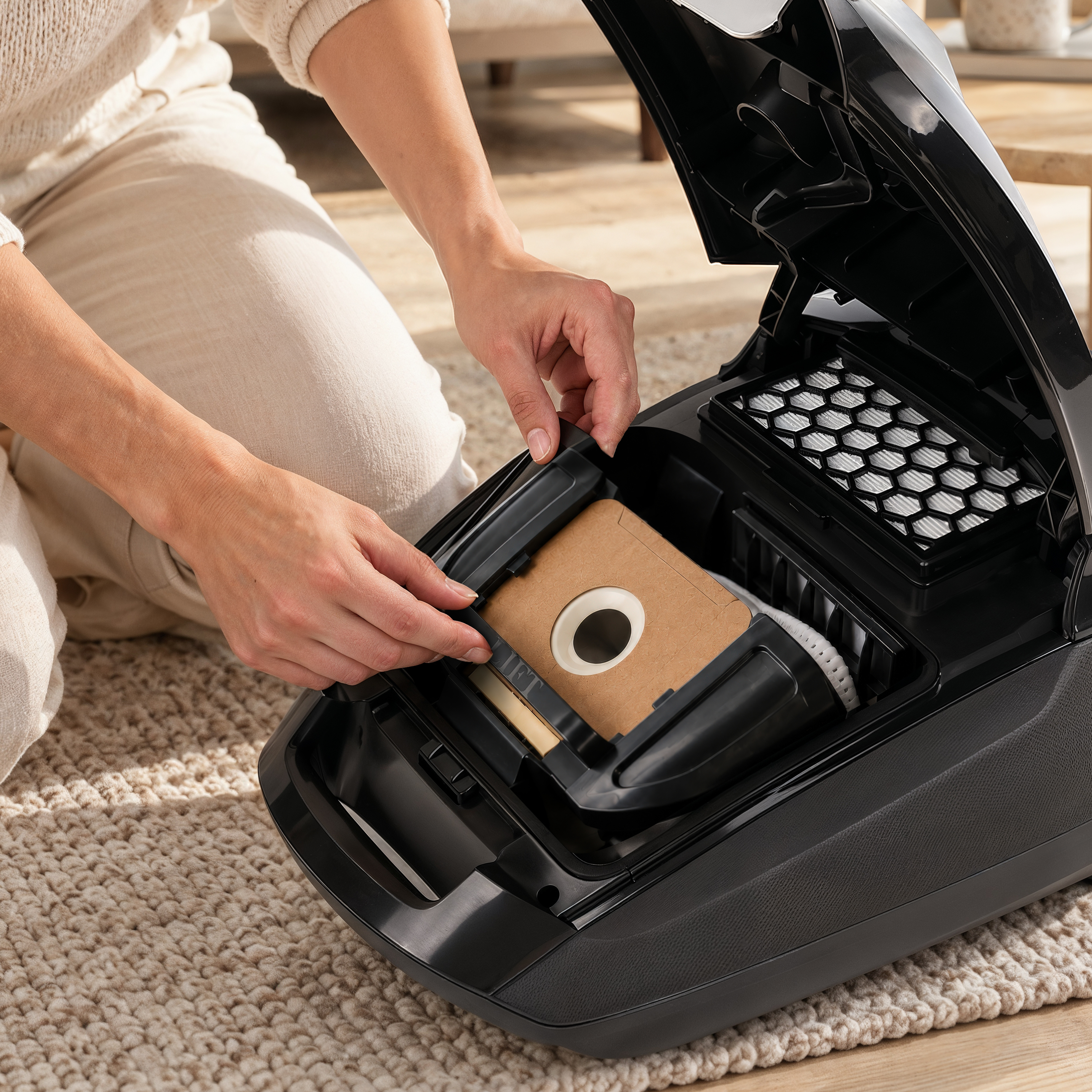 A person replaces the dust bag inside a black vacuum cleaner.