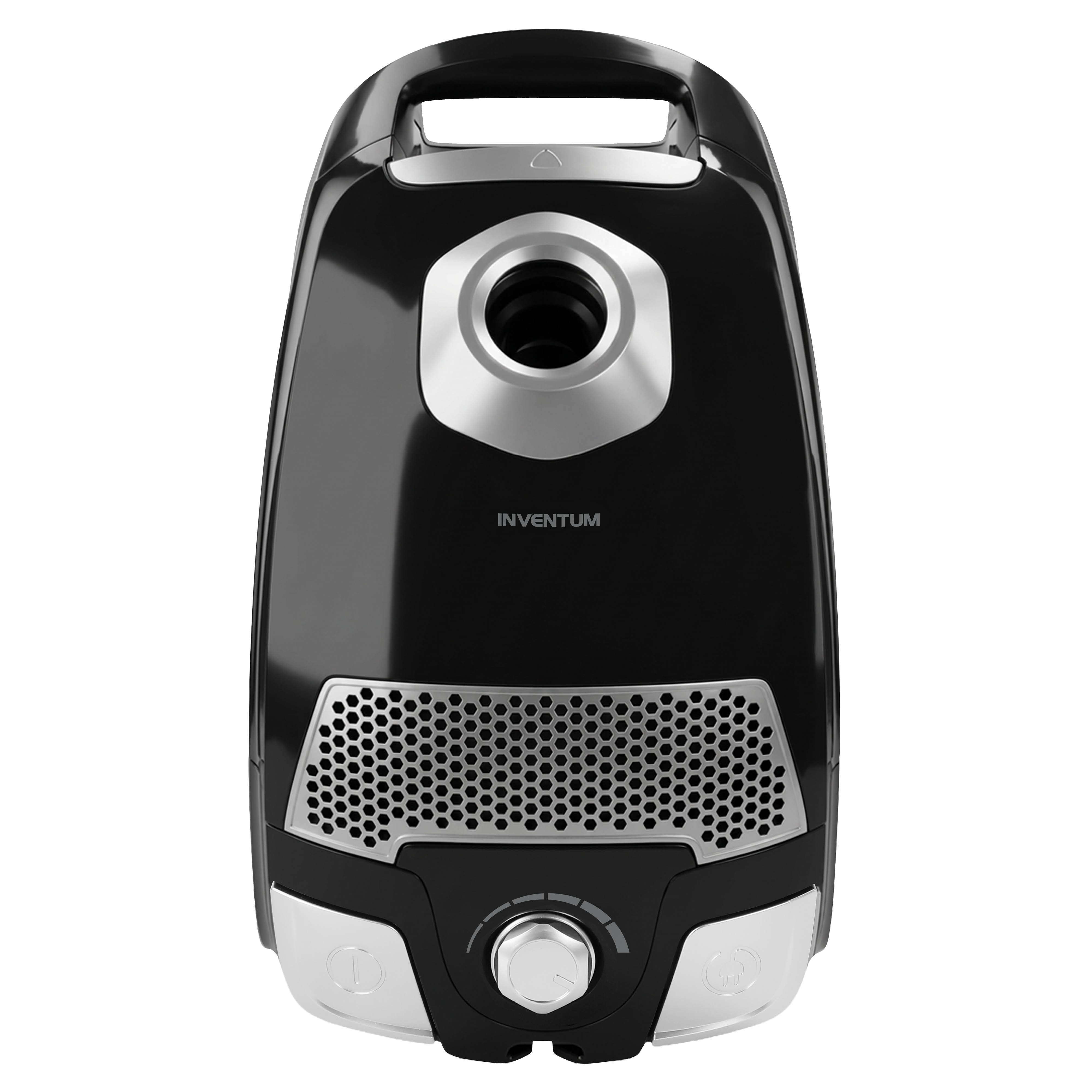 Black Inventum vacuum cleaner with silver accents, handle, and dial on a white background.