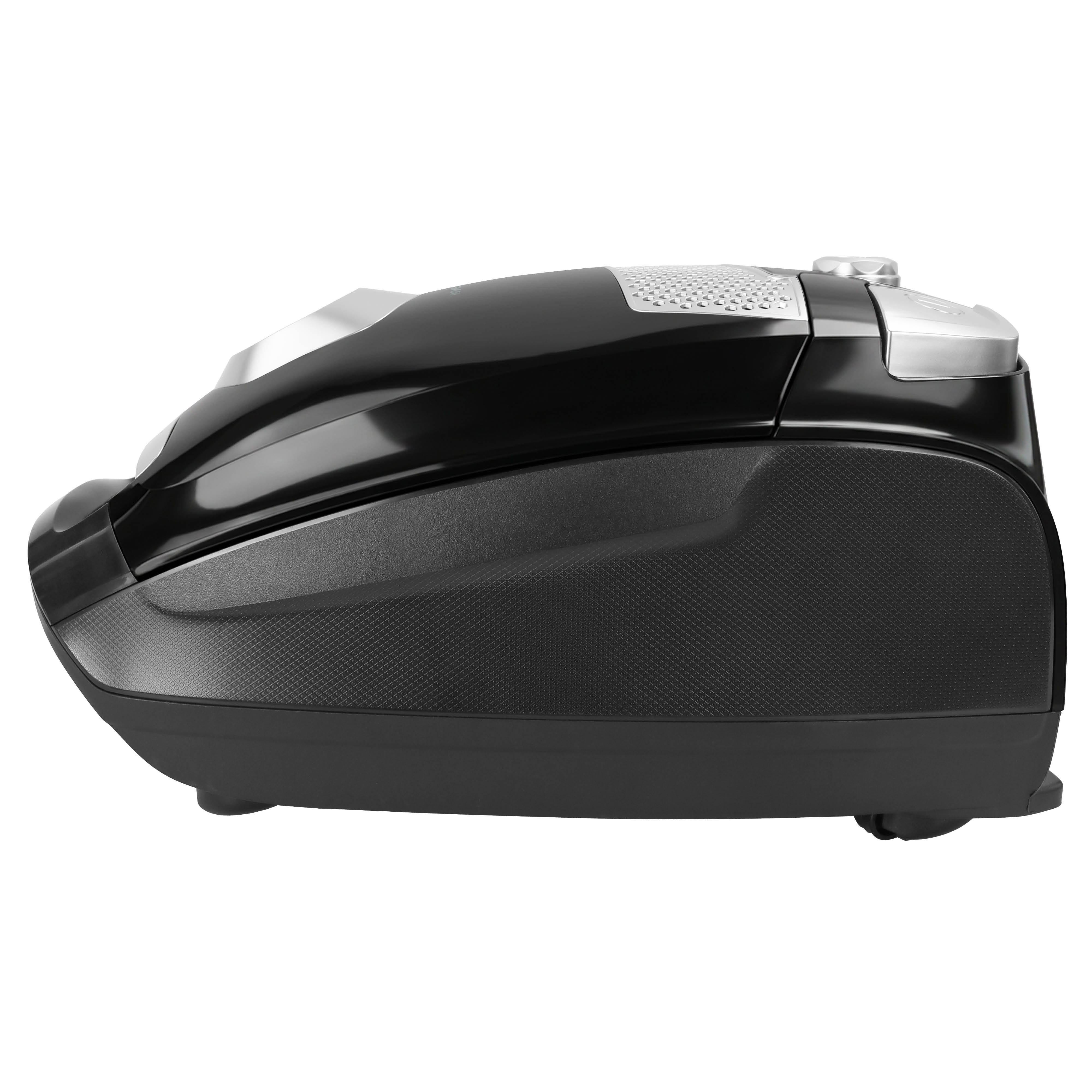 A glossy black vacuum cleaner with silver accents is shown in profile against a white background.