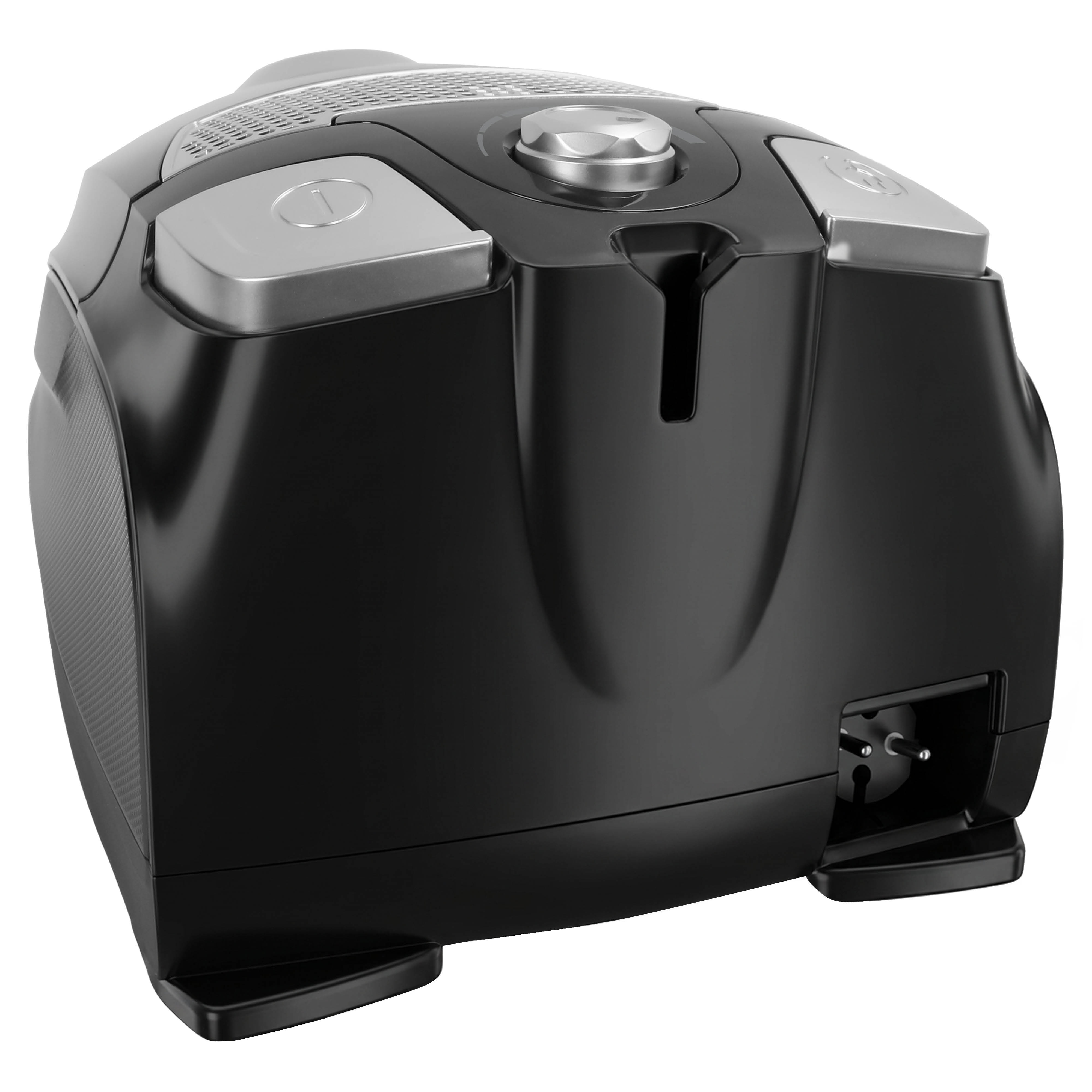 A modern black vacuum cleaner with silver buttons on a white background.