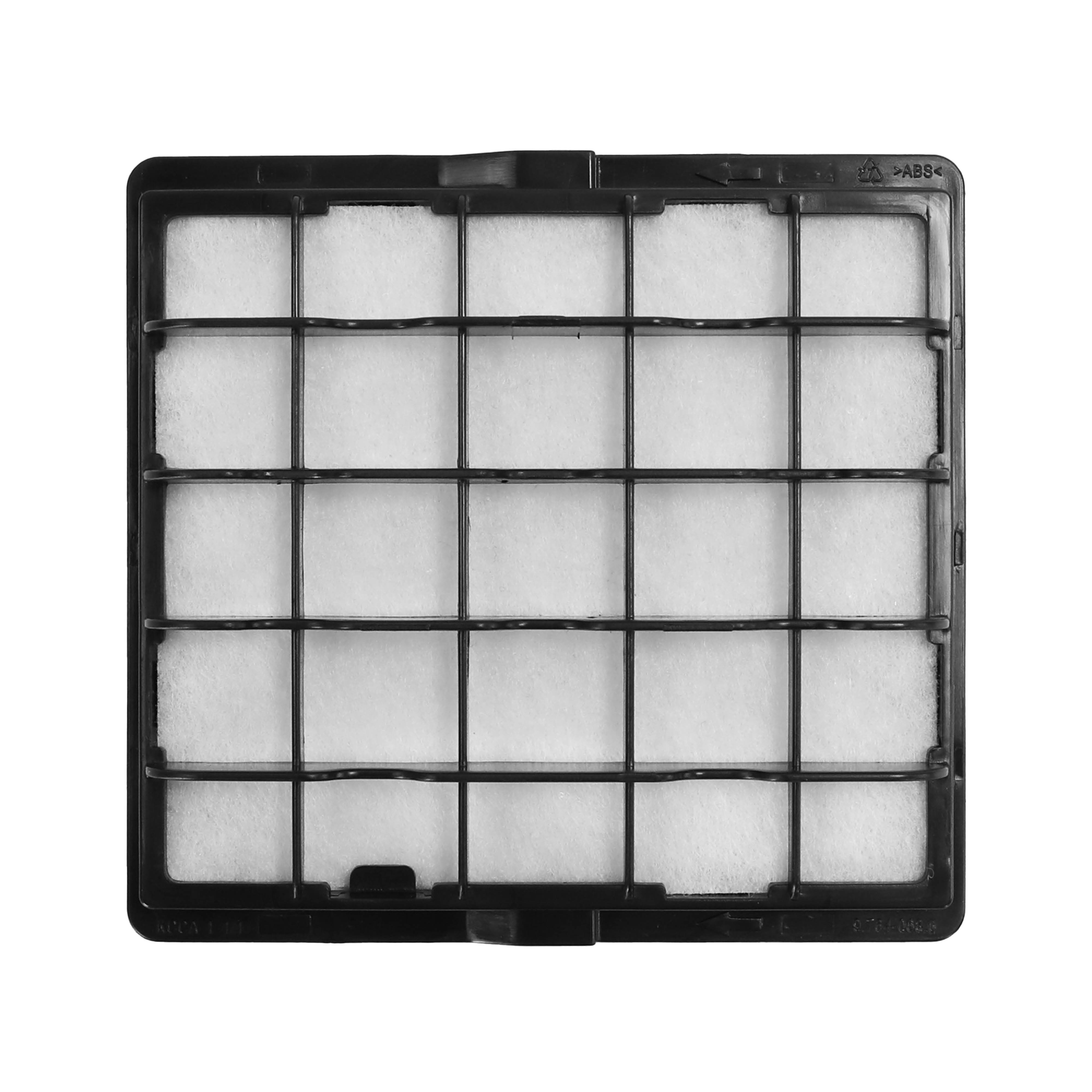 A square black plastic air filter with a grid pattern and white filtering material inside, isolated on white.