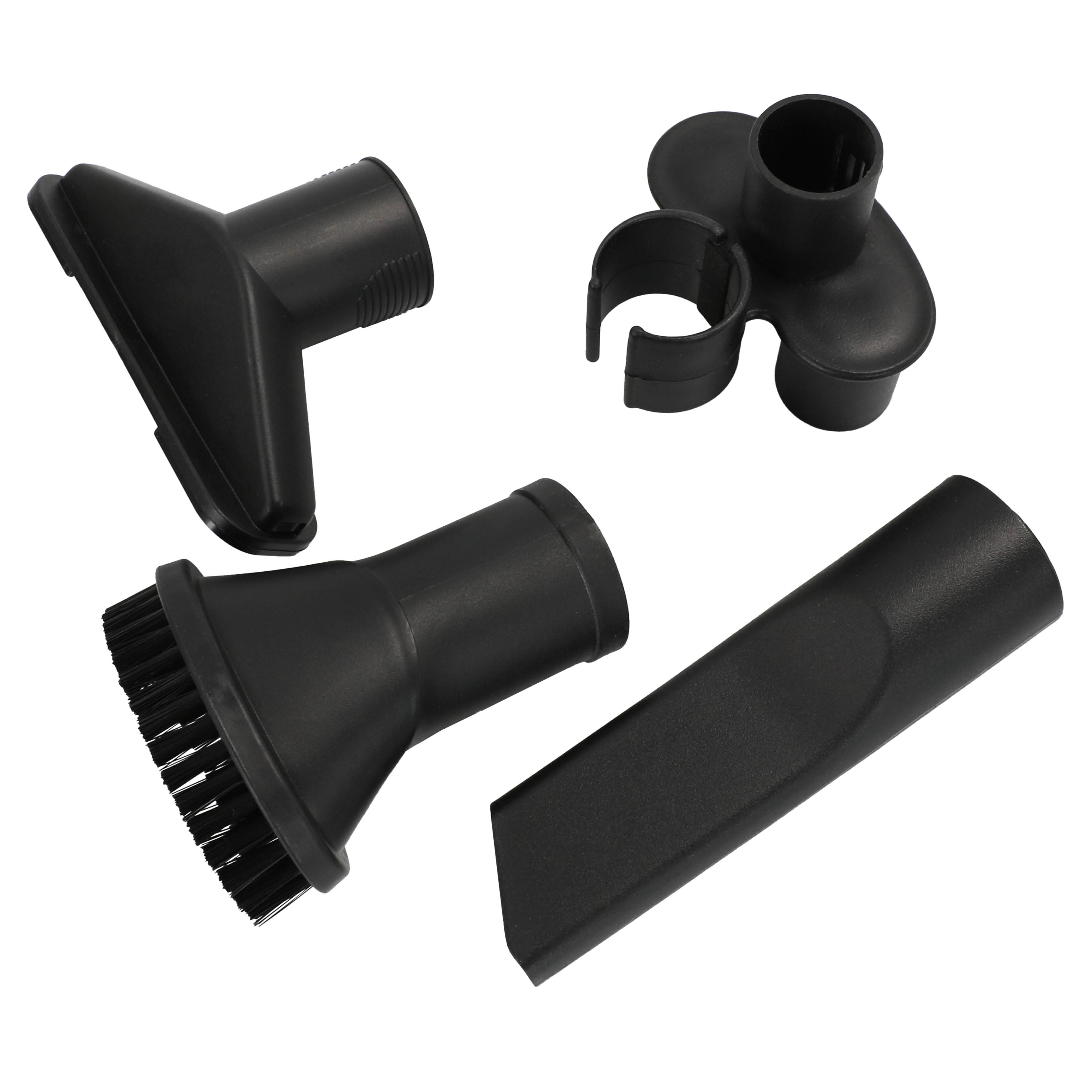 Four black plastic vacuum cleaner accessories, including brushes and nozzles, on a white background.