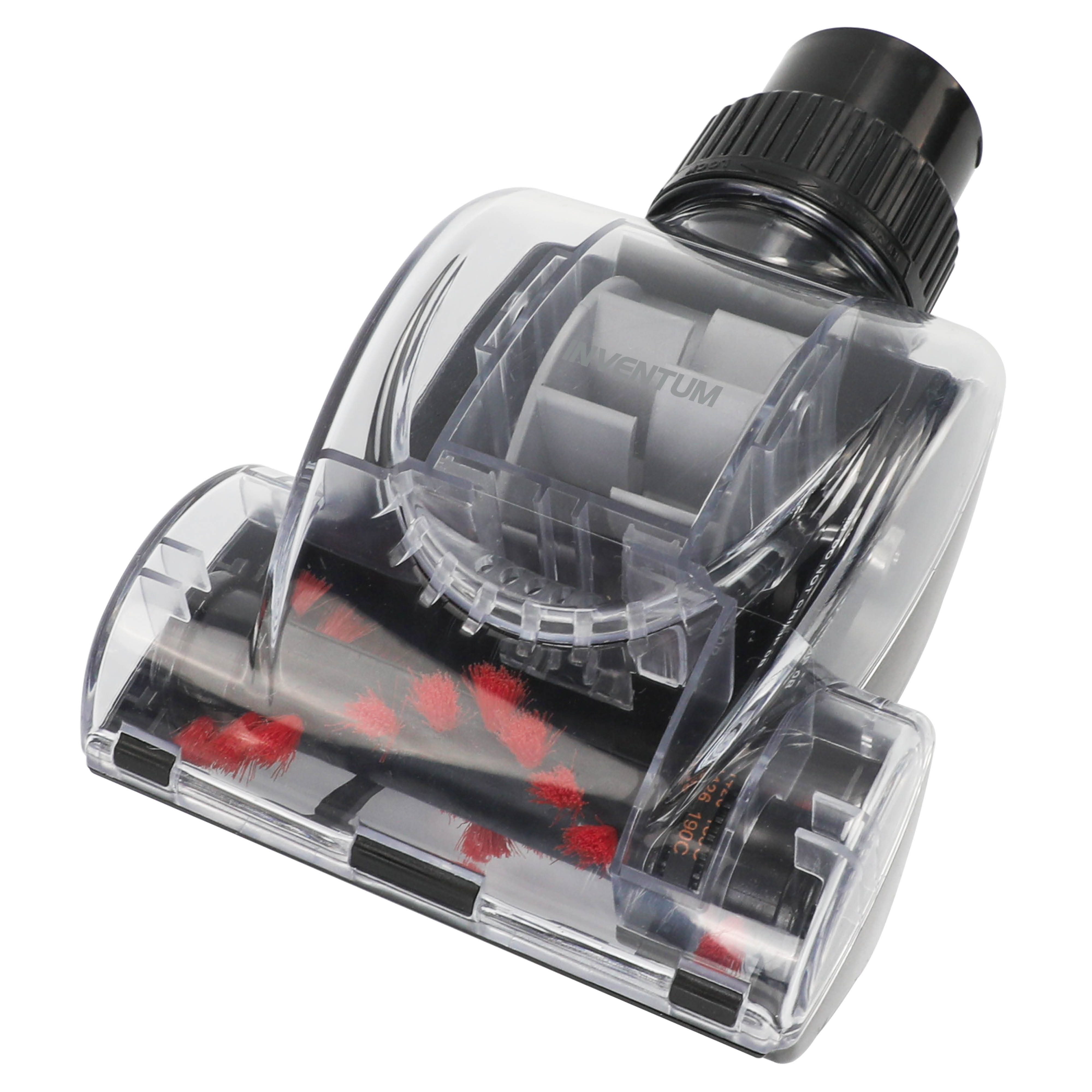 A transparent vacuum cleaner turbo attachment featuring rotating red bristles and an Inventum logo.