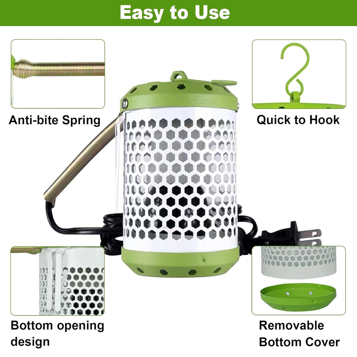 Diagramm einer grünen Insektenlampe mit Erklärungen zu Merkmalen wie Feder, Haken und Bodenabdeckung.