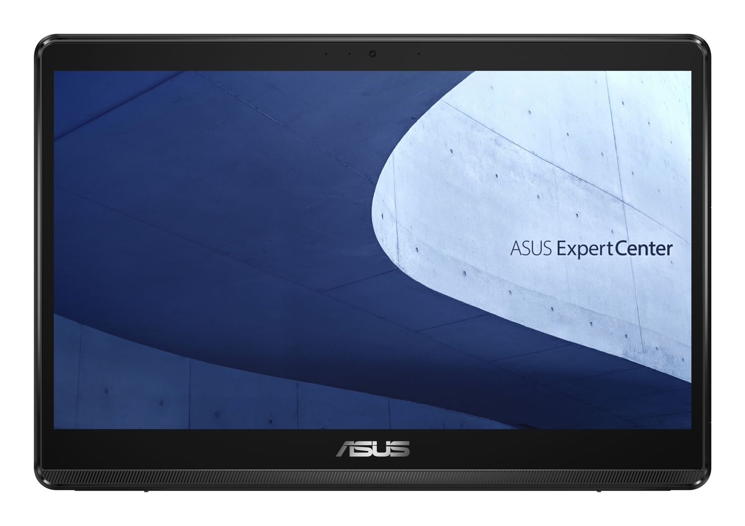 Un monitor nero ASUS ExpertCenter mostra una foto architettonica blu e il logo ASUS.