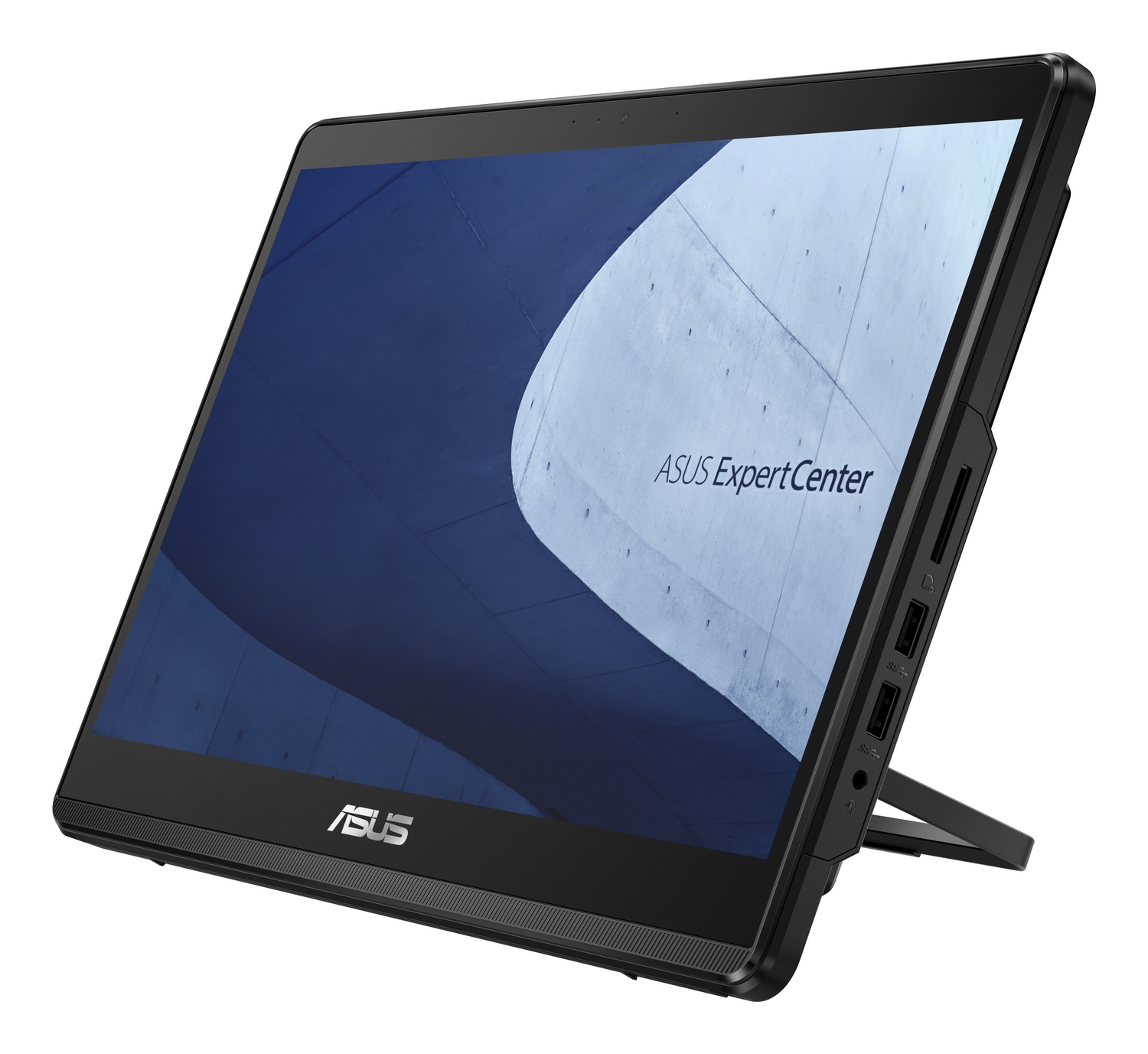 PC all-in-one ASUS ExpertCenter nero con supporto su sfondo chiaro.