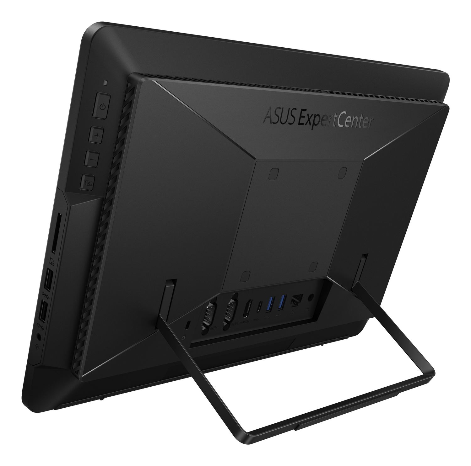 Vista posteriore di un PC all-in-one ASUS ExpertCenter nero con supporto e porte.