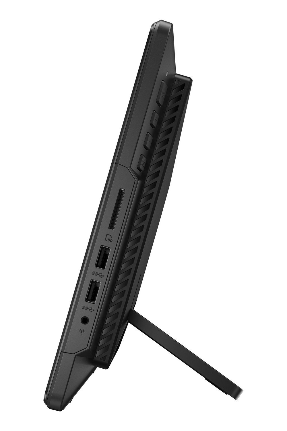 Vista laterale di un monitor nero con pulsanti, porte USB, slot SD e jack audio, supportato da un piedistallo.