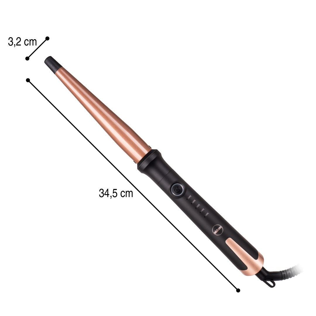 Czarna i różowozłota lokówka z wskaźnikami wymiarów 3,2 cm i 34,5 cm na białym tle.
