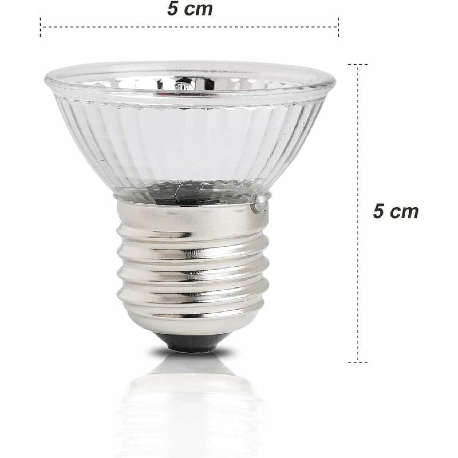 Eine Glas-Reflektorlampe mit silbernem Schraubsockel und Maßangaben von 5x5 cm vor weißem Hintergrund.