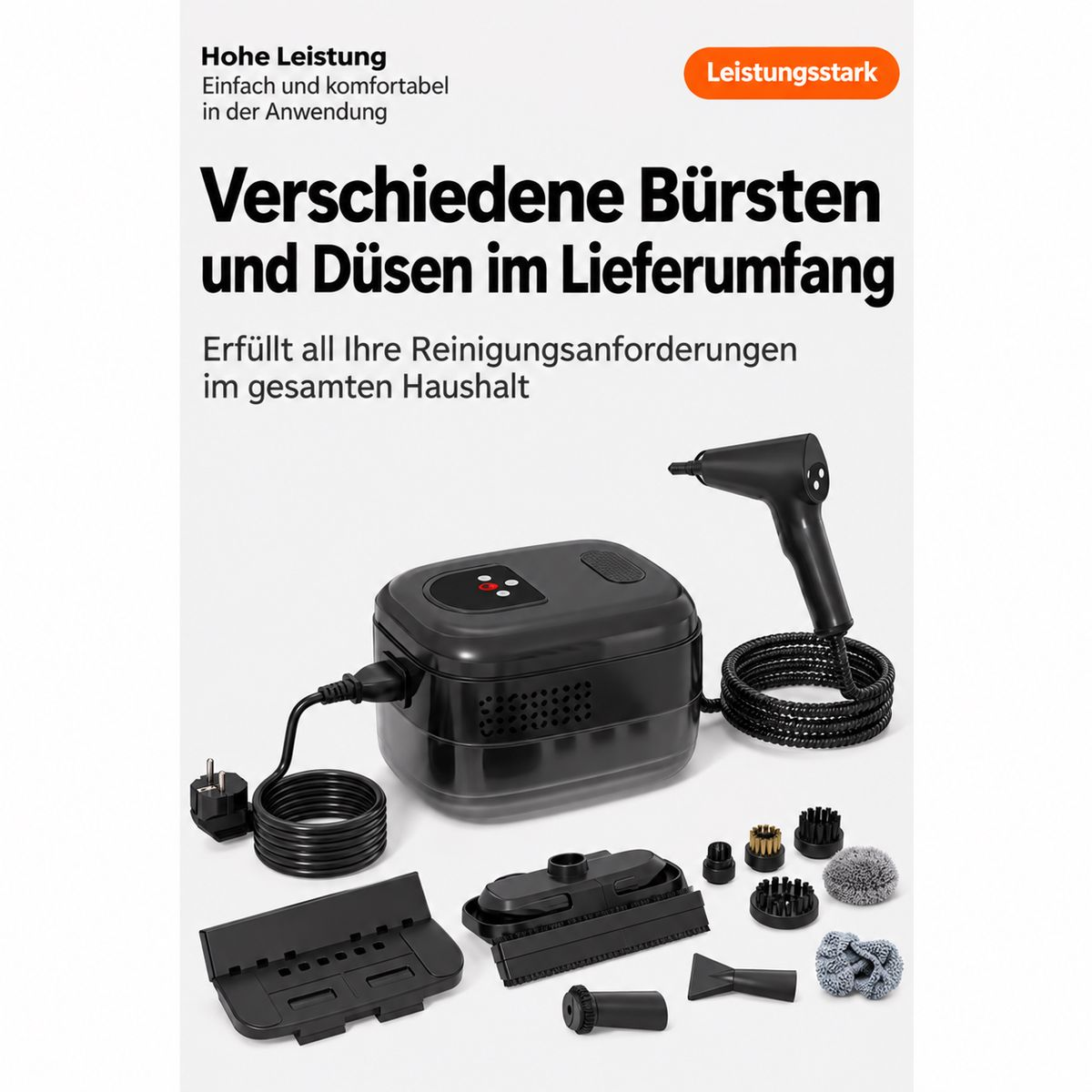 Schwarzes Dampfreinigungsgerät mit verschiedenen Düsen, Bürsten und Zubehörteilen auf weißem Hintergrund.