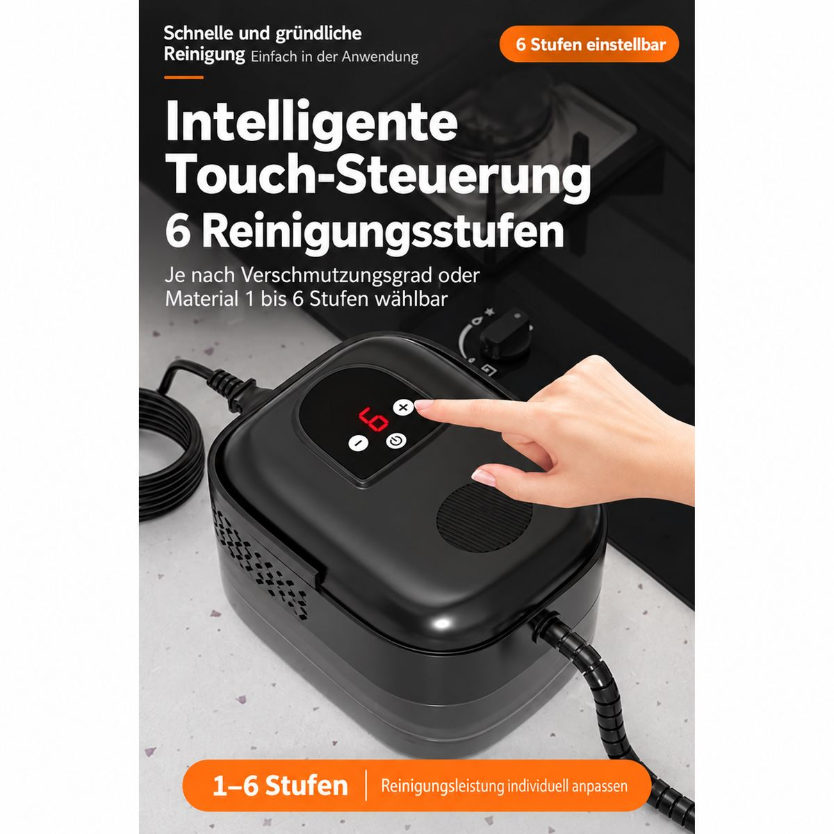 Eine Hand berührt das digitale Display eines schwarzen Geräts mit sechs Reinigungsstufen.