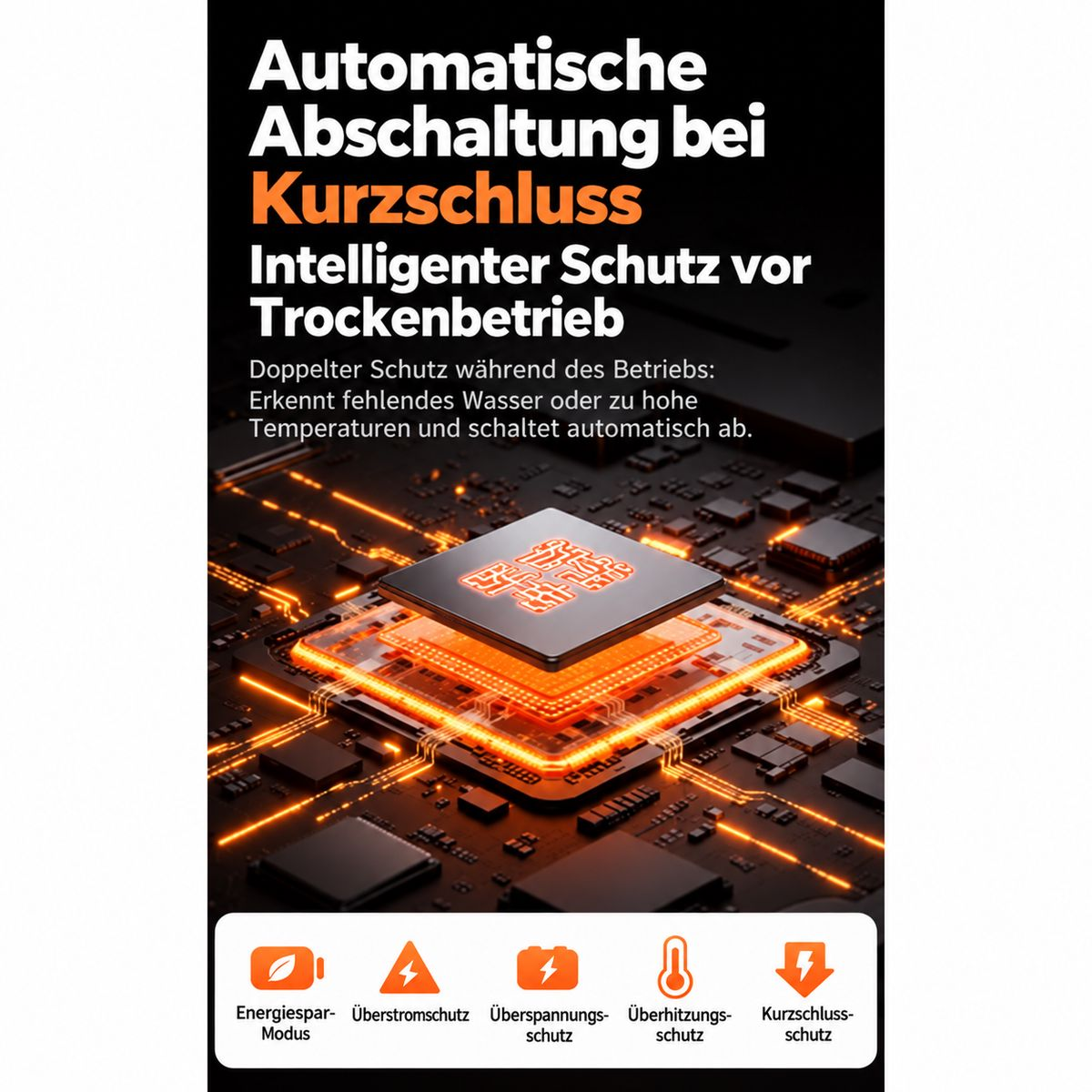 Technischer Hintergrund mit Mikrochip und Symbolen für verschiedene Schutzfunktionen wie Kurzschluss und Überhitzung.