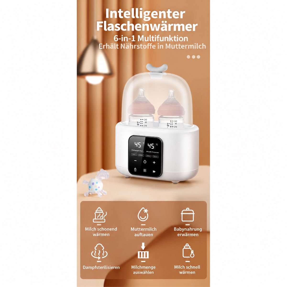 Weißer Flaschenwärmer mit zwei Babyflaschen und digitalem Display, platziert auf einem Tisch mit braunem Hintergrund.