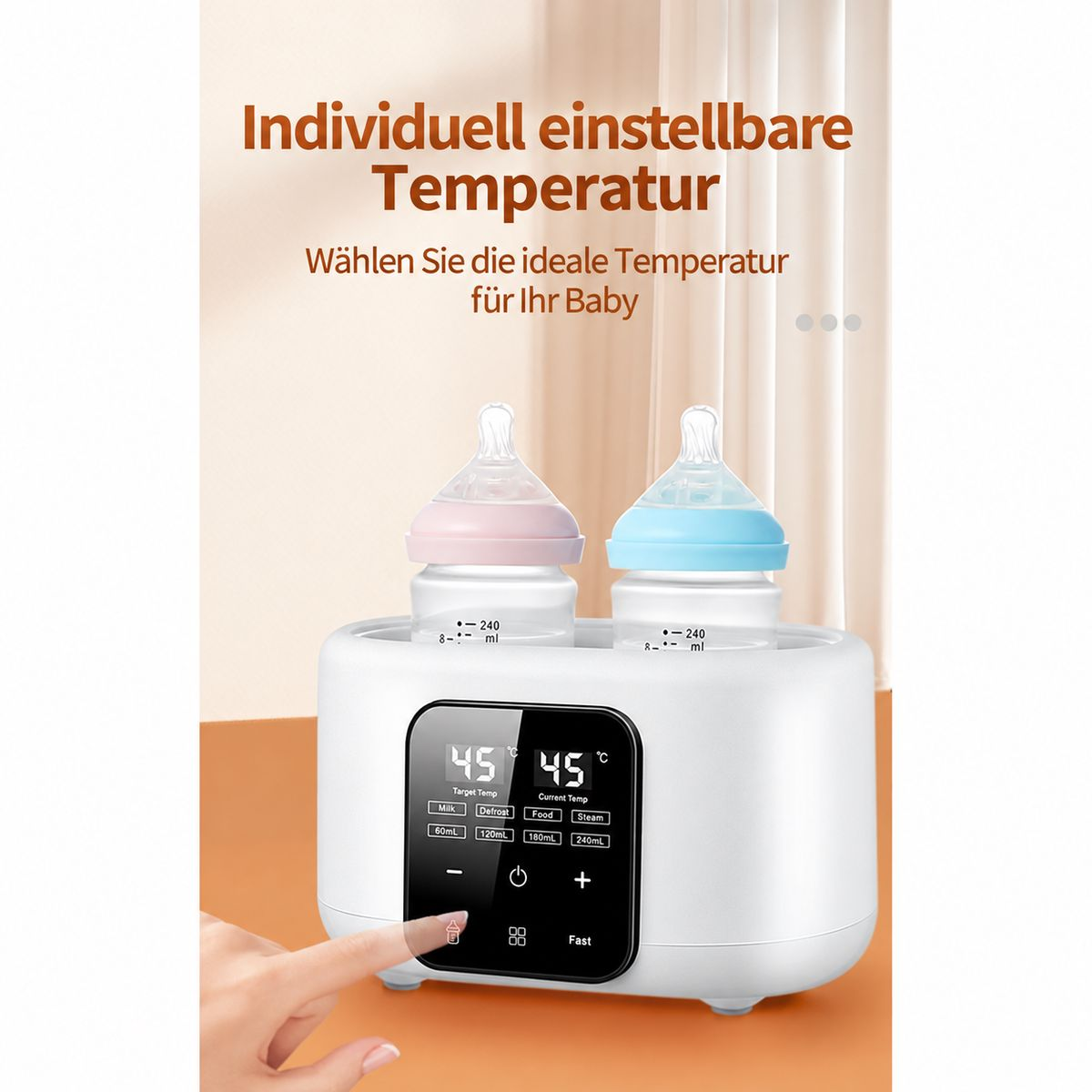 Ein weißer Babyflaschenwärmer mit zwei Flaschen, digitalem Display und deutscher Textüberlagerung.
