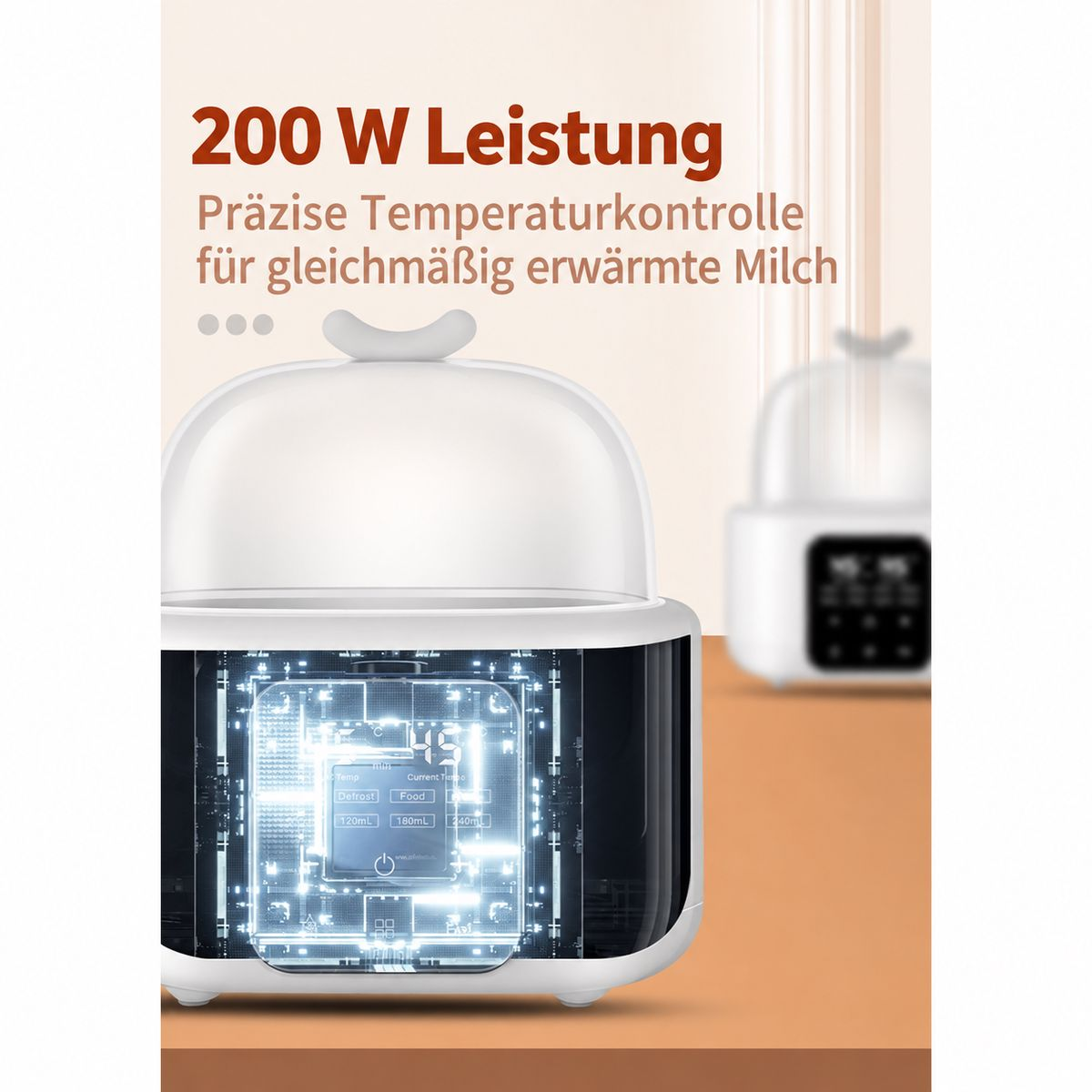 Weißer Milchwärmer mit digitaler Anzeige und transparenter Abdeckung auf beigem Untergrund.