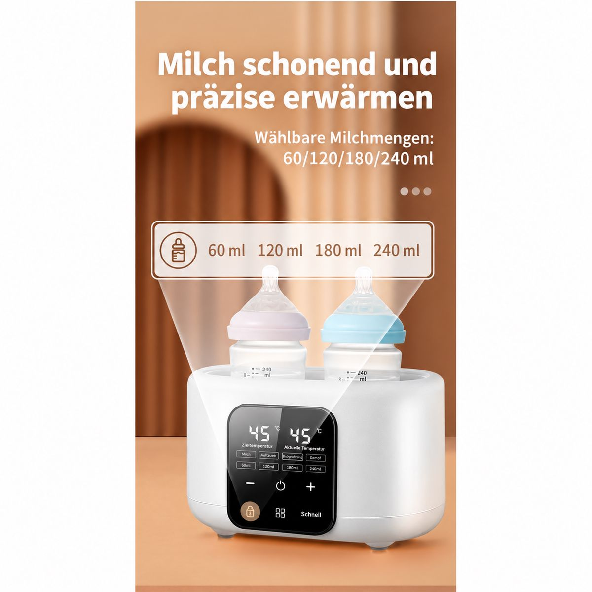Ein weißer Flaschenwärmer mit zwei Babyflaschen, digitalem Display und Mengenangaben vor warmem Hintergrund.