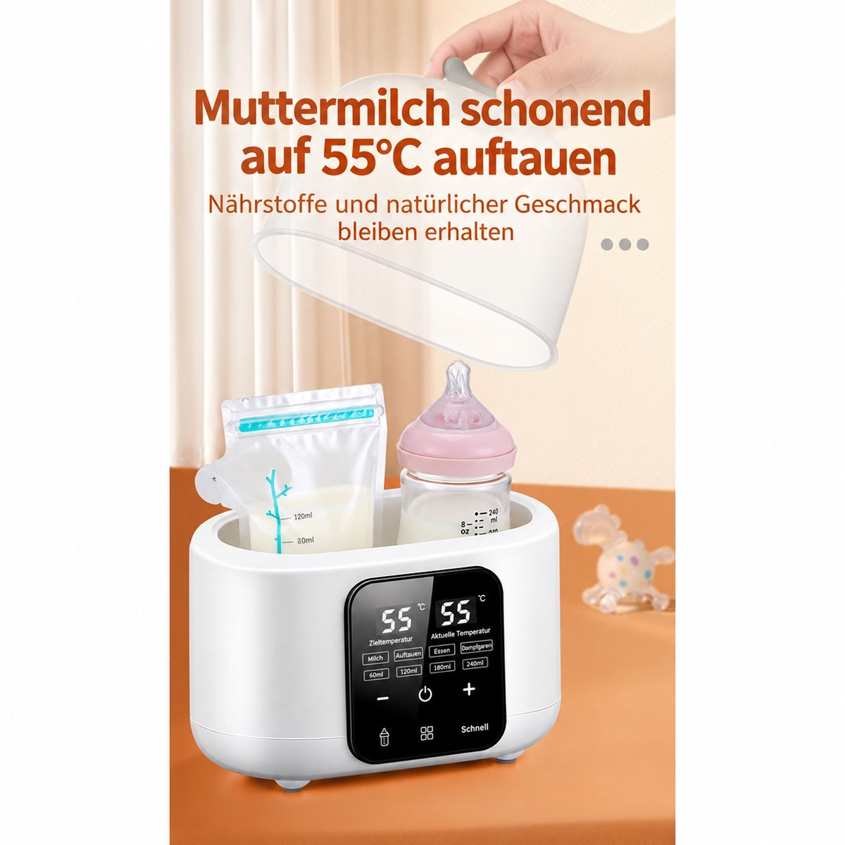 Ein weißer Milchwärmer wärmt eine Milchflasche und einen Beutel auf einer orangen Oberfläche.