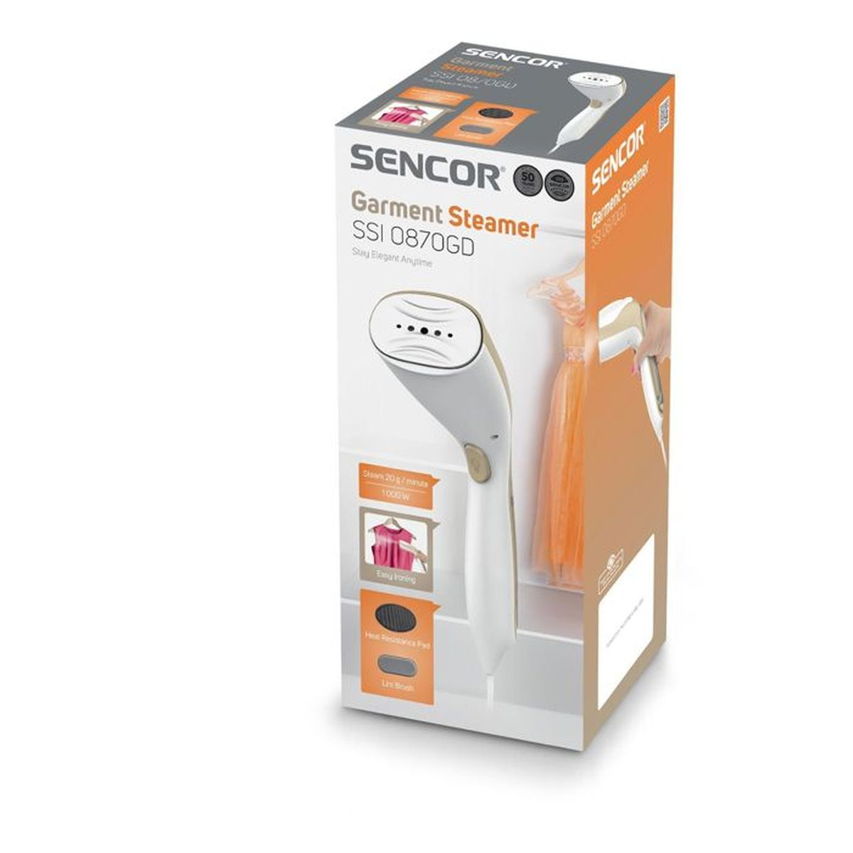 Verpackung eines weißen Sencor Garment Steamers SSI 0870GD mit abgebildetem Gerät und Kleidungsstücken.