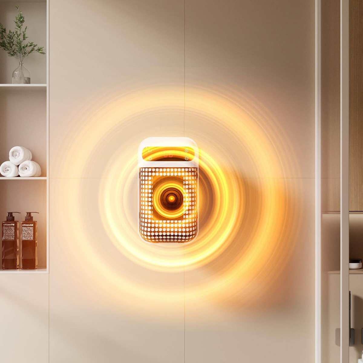 Wandheizgerät mit orangen konzentrischen Wärmewellen auf einer neutralen Wand.