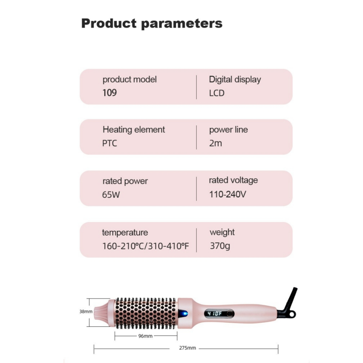 Parametri di una spazzola per capelli rosa, inclusi modello 109, riscaldamento PTC e dimensioni.