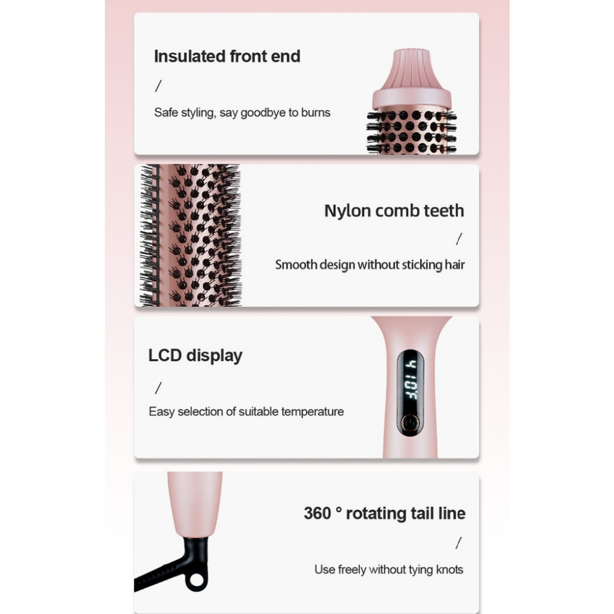 Caratteristiche di una spazzola per capelli rosa con punta isolata, setole in nylon, schermo LCD e cavo girevole.