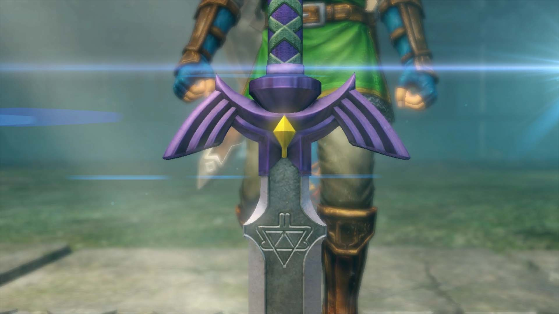 Nahaufnahme des Masterschwerts mit violettem Griff und geprägtem Triforce-Symbol vor einer Spielfigur.